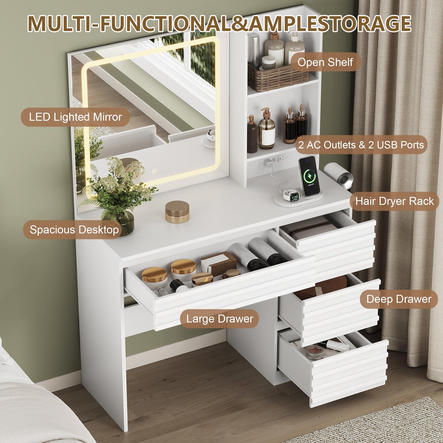 White multi-functional storage unit with LED lighted mirror, drawers, and shelves.