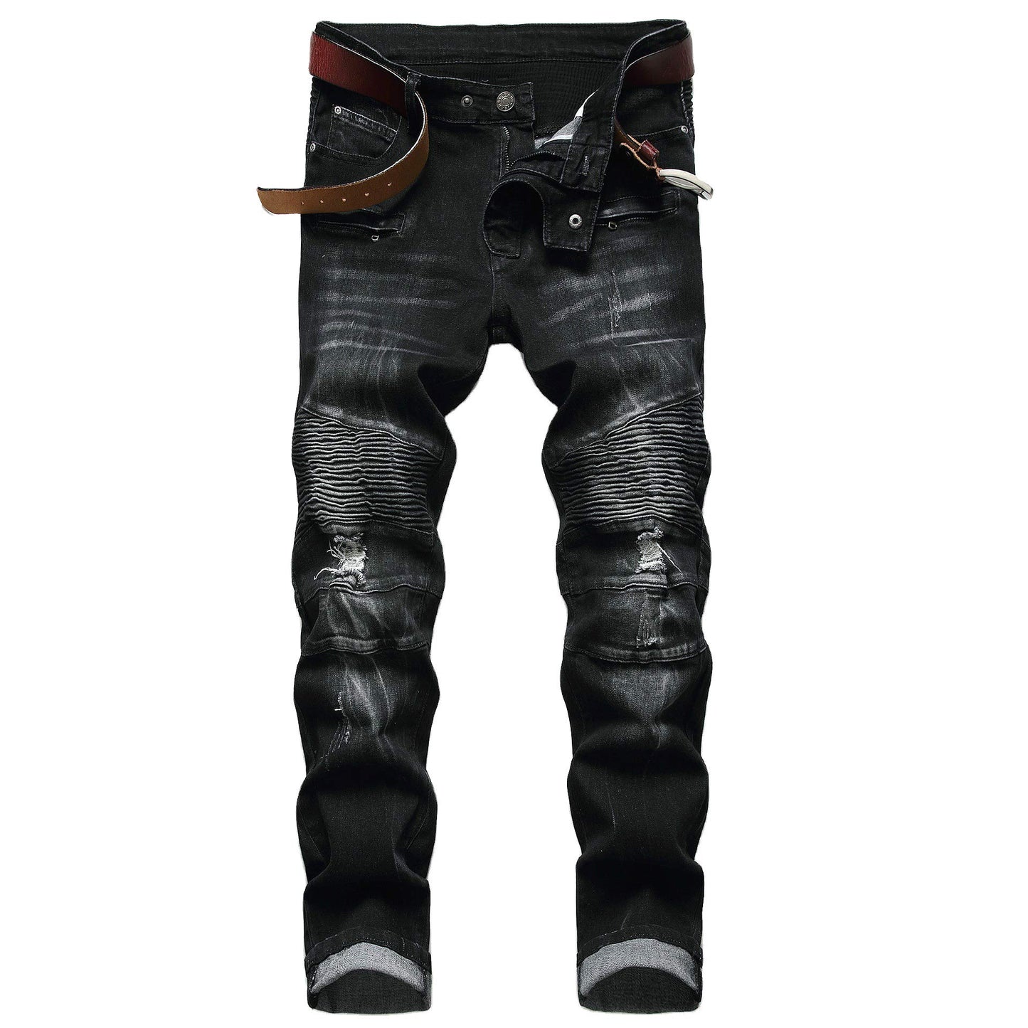 AITITIA Men's Biker Zipper Deco Washed Straight Fit Jeans (40, 002 Light Blue)