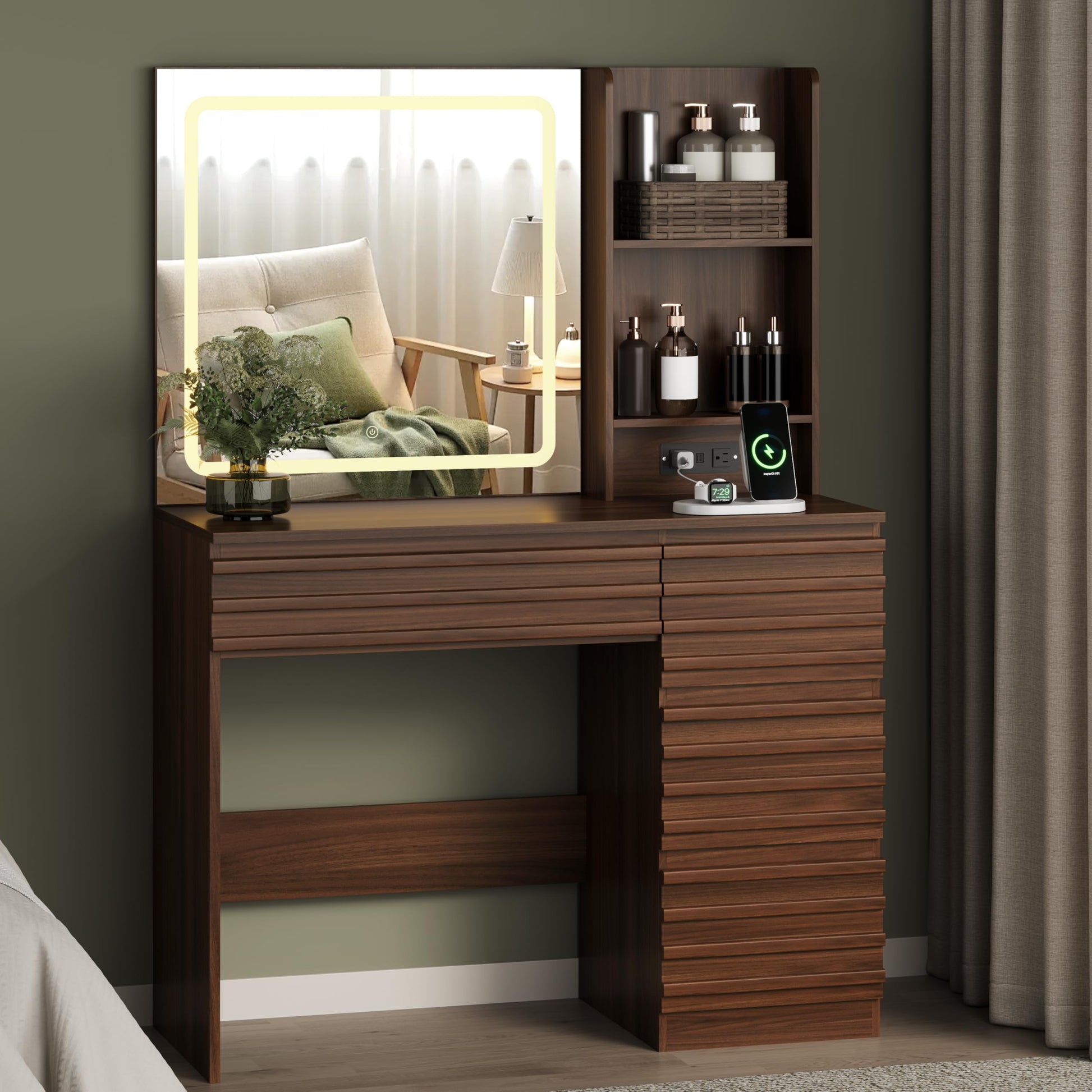 Wooden vanity with mirror and shelves in a room setting