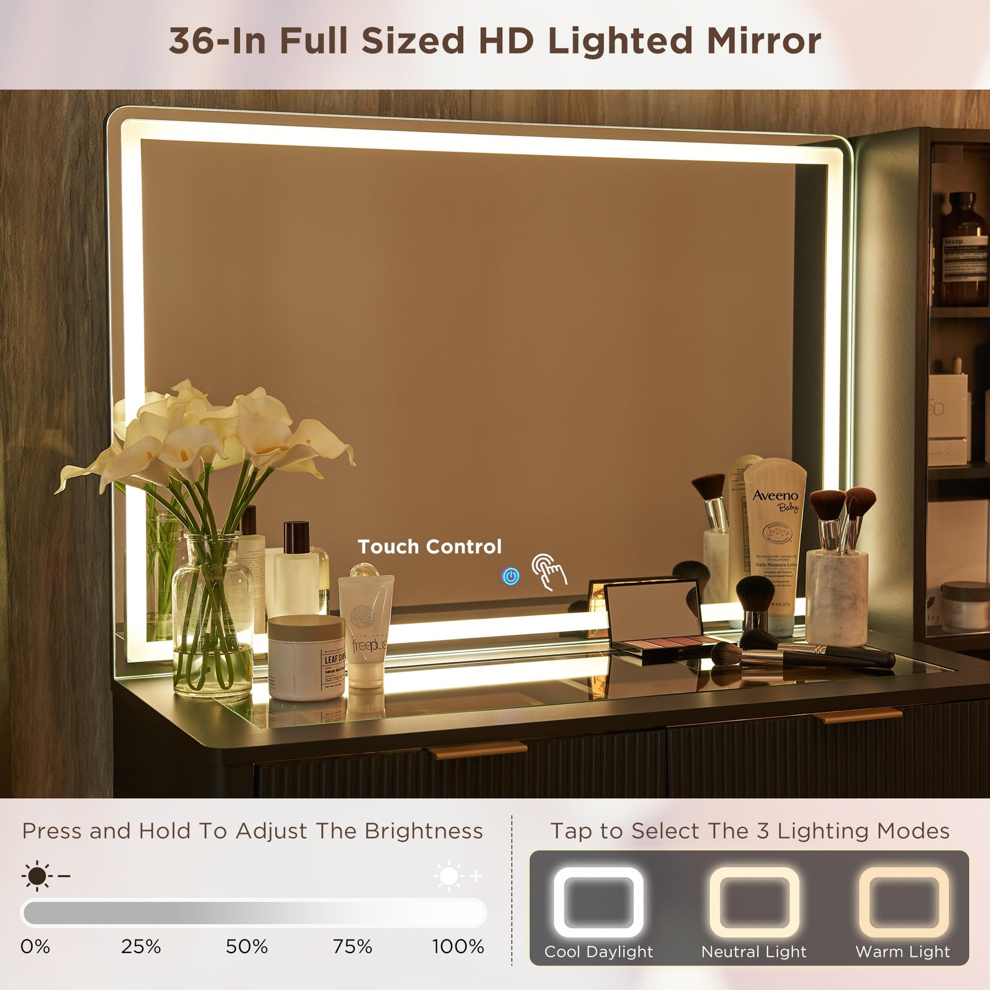 Full-sized HD lighted mirror with touch control on a vanity setup.
