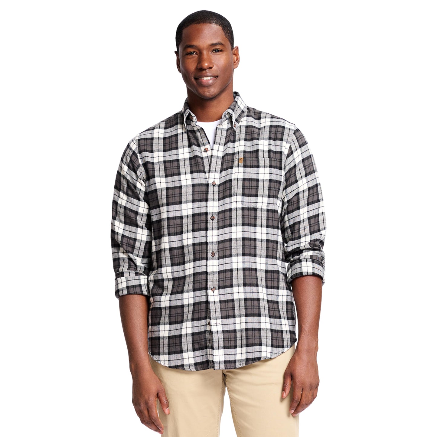 IZOD Men's Stratton Flannel Long Sleeve Button Down Shirt, Asphalt, S