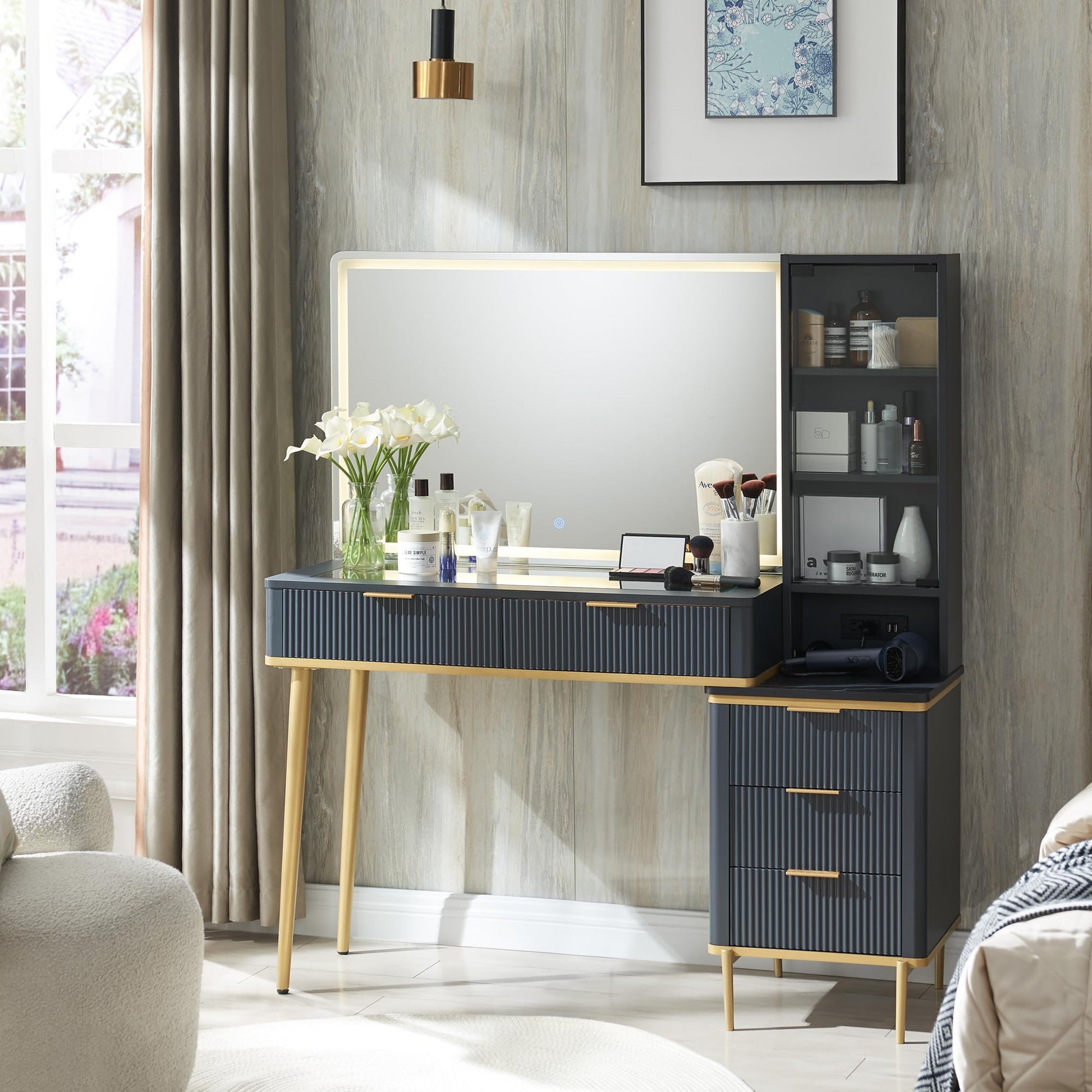 Cosmetic organizer with embedded tempered glass tabletop displaying various items.
