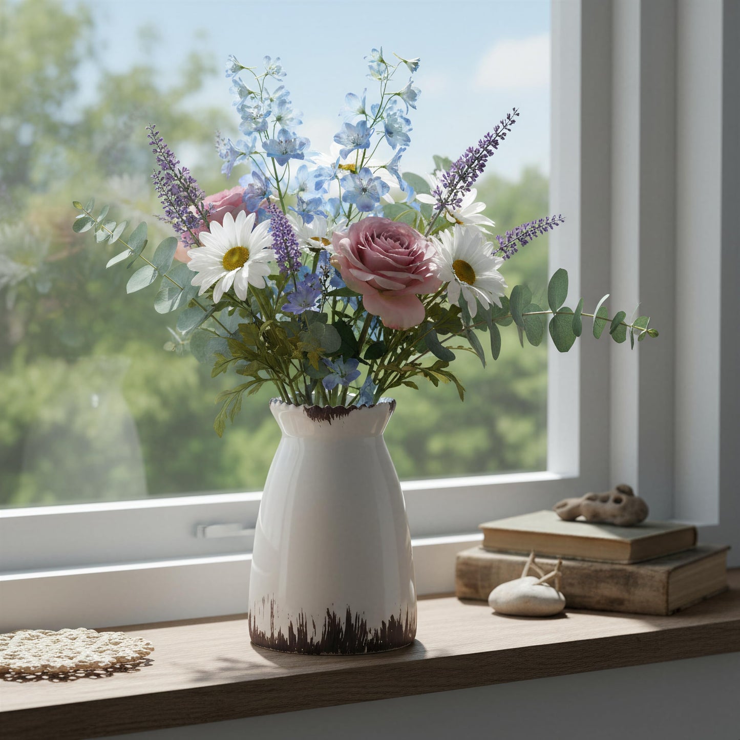 White vase with flowers on a windowsill with a view of greenery outside