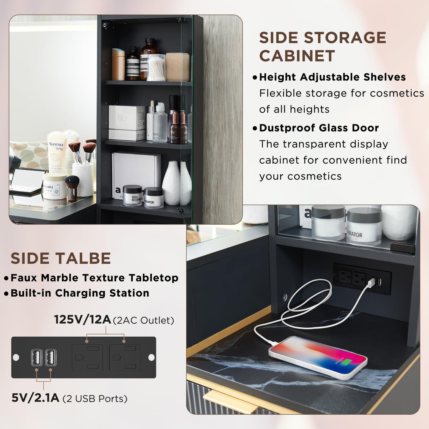 Cosmetic organizer with embedded tempered glass tabletop displaying various items.