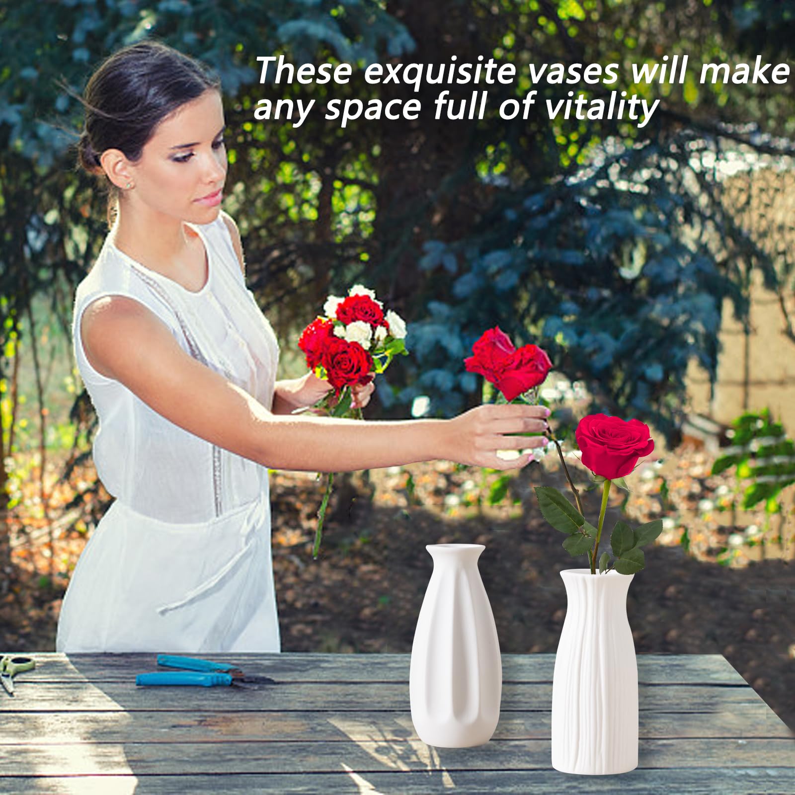 Woman arranging flowers in white vases outdoors with text overlay.