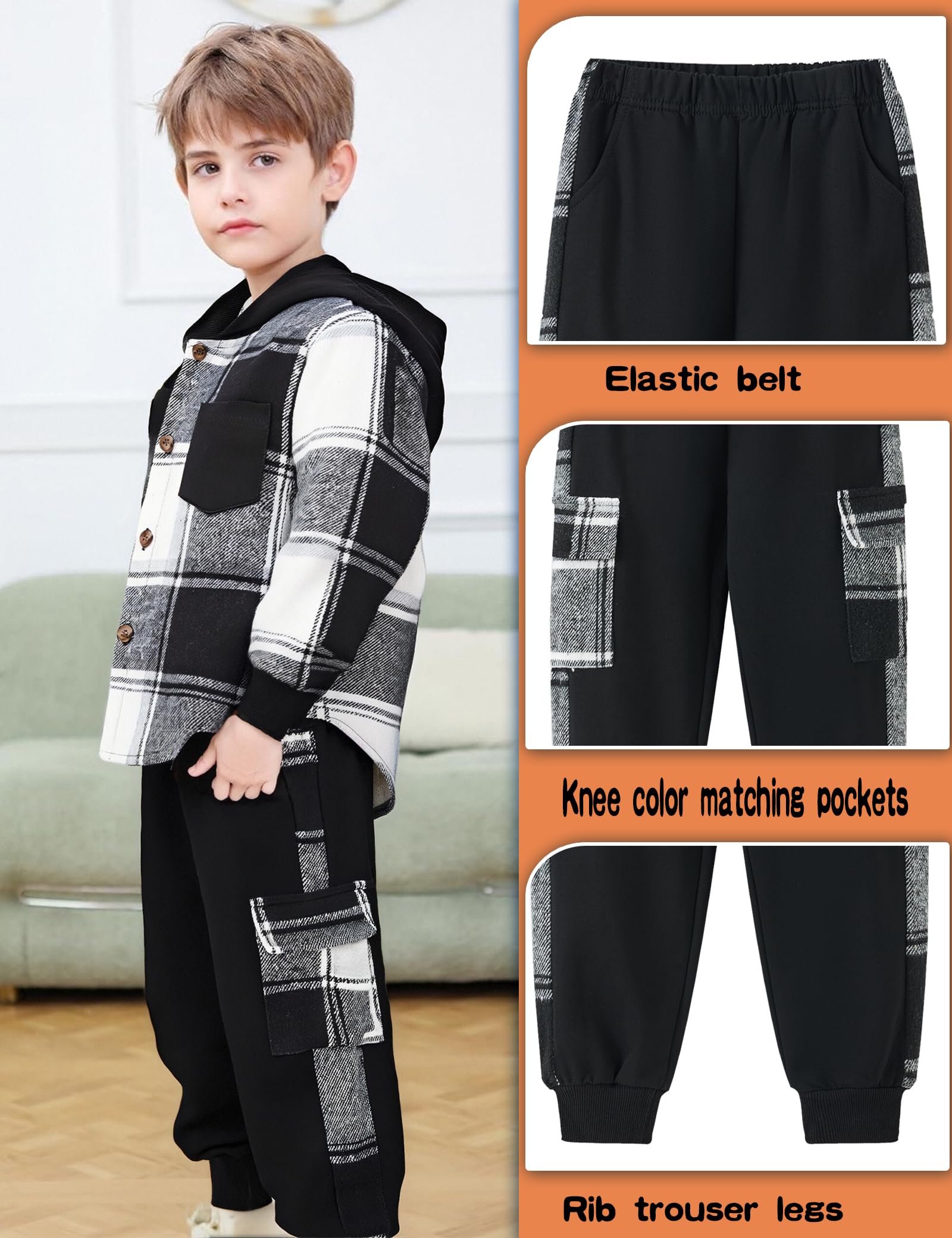 Auiopila Kids Toddler Boy Clothes Plaid Hooded Shirt White T-shirt Top and Solid Color Pants 3Pcs Winter Boys Outfits