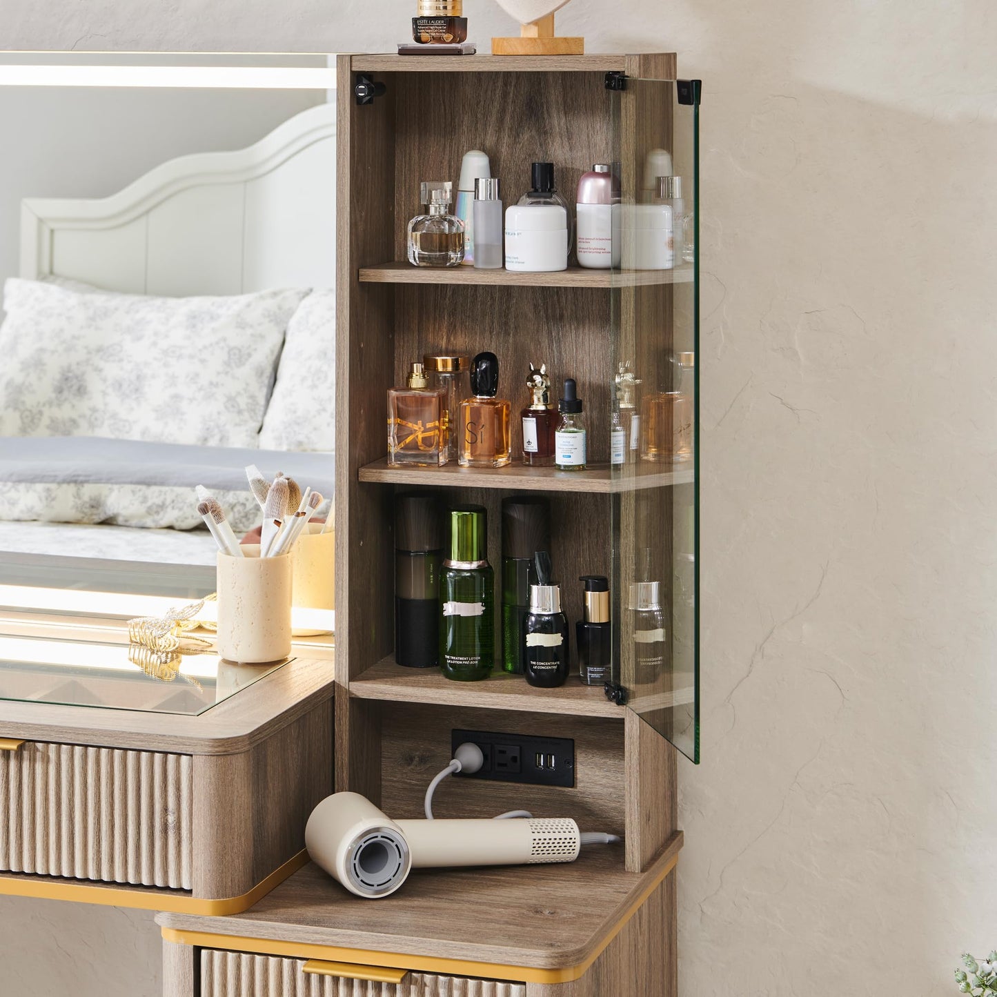 Cosmetic organizer with embedded tempered glass tabletop displaying various items.