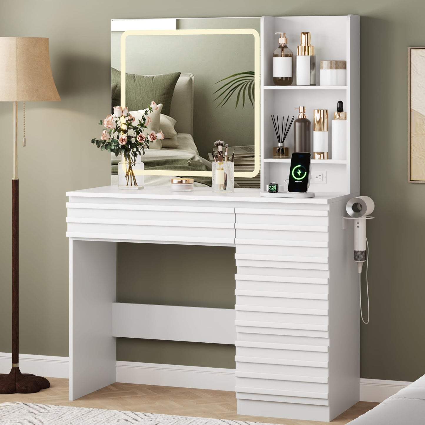 White vanity table with mirror and shelves in a room setting