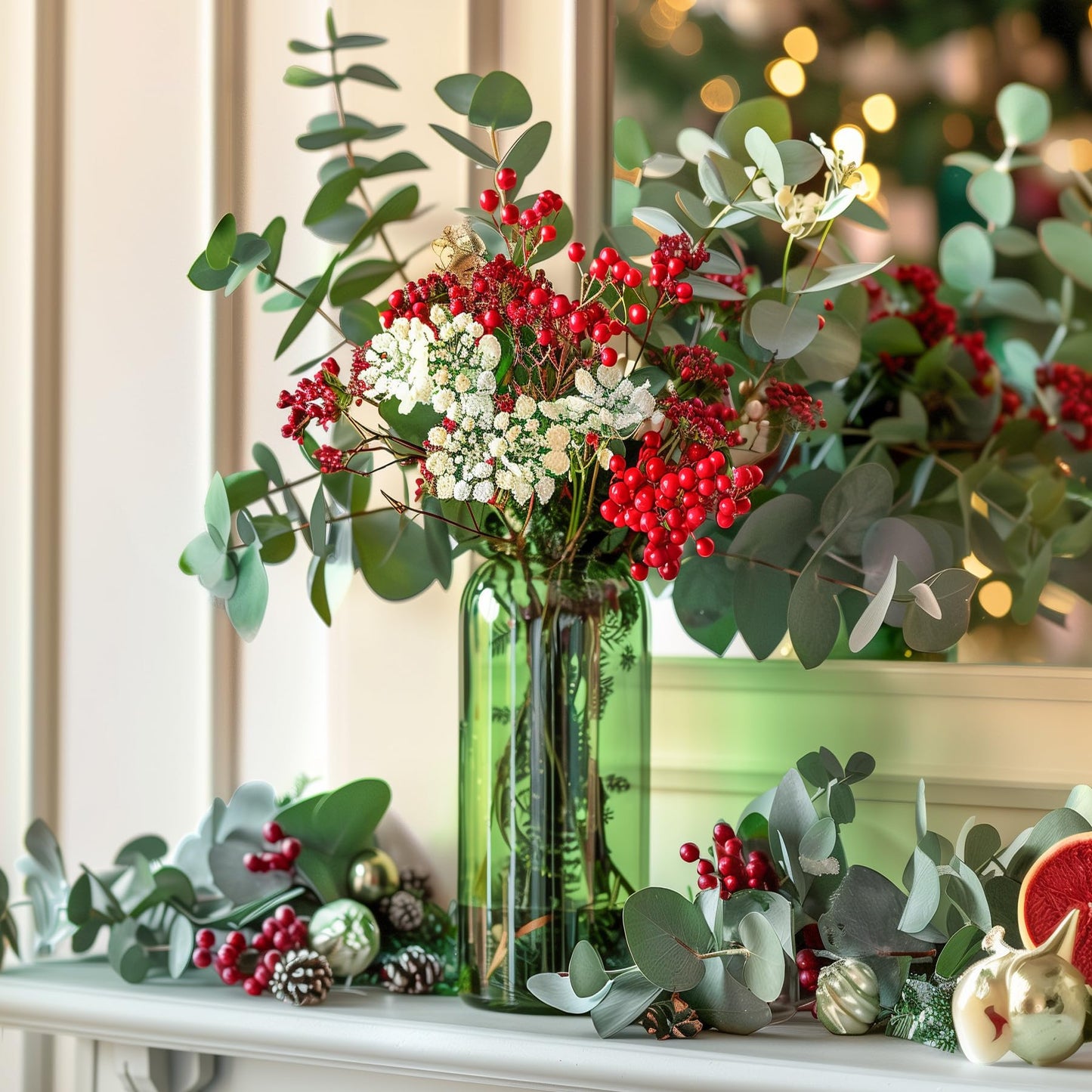 Decorative arrangement with red berries, green leaves, and a vase on a surface.