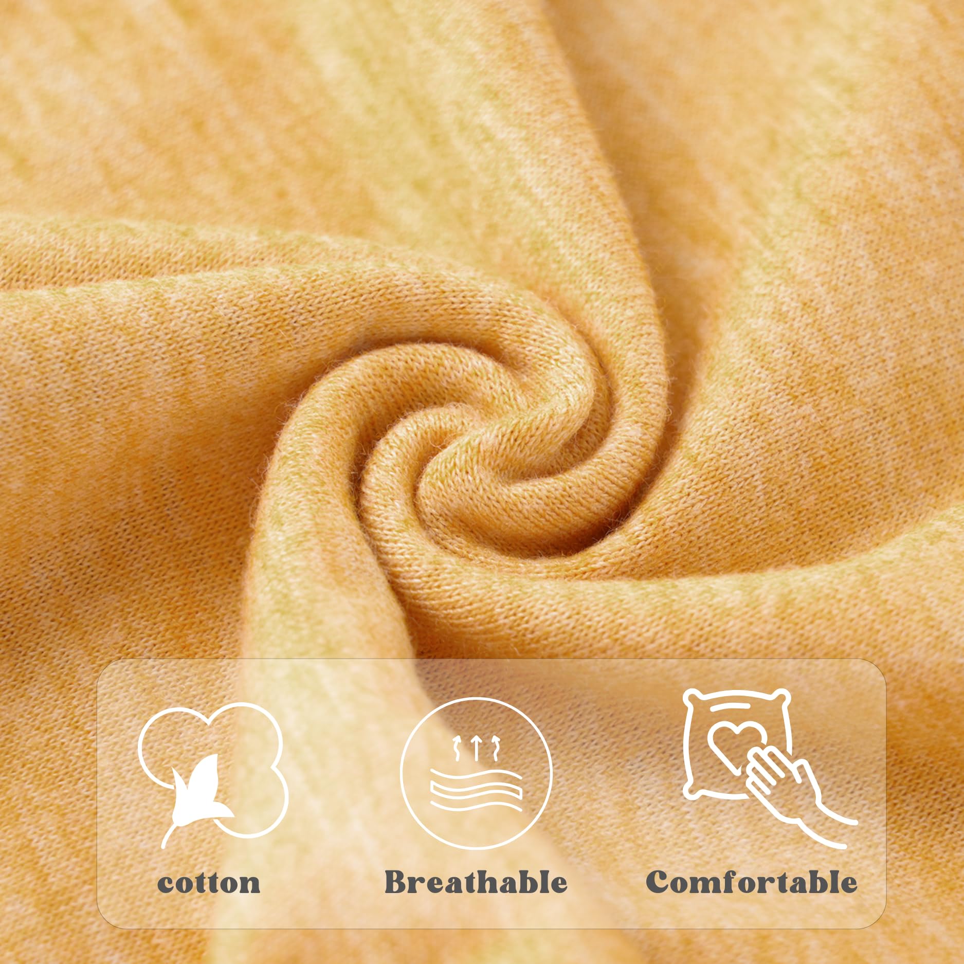 Close-up of yellow fabric with icons indicating cotton, breathability, and comfort.