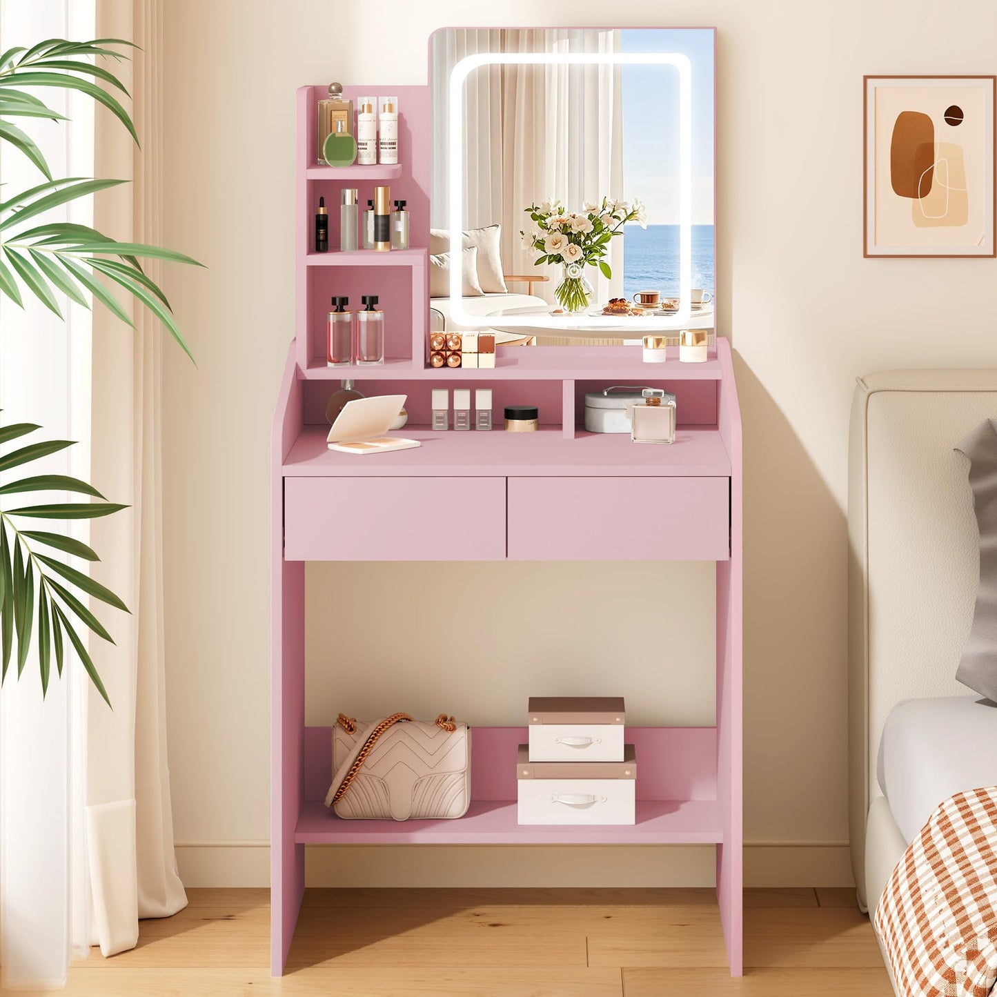 Pink vanity table with mirror and shelves in a bedroom setting