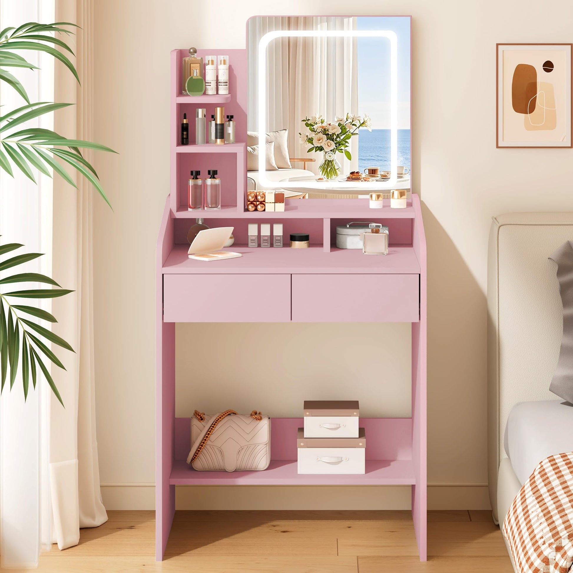Pink vanity table with mirror and shelves in a bedroom setting