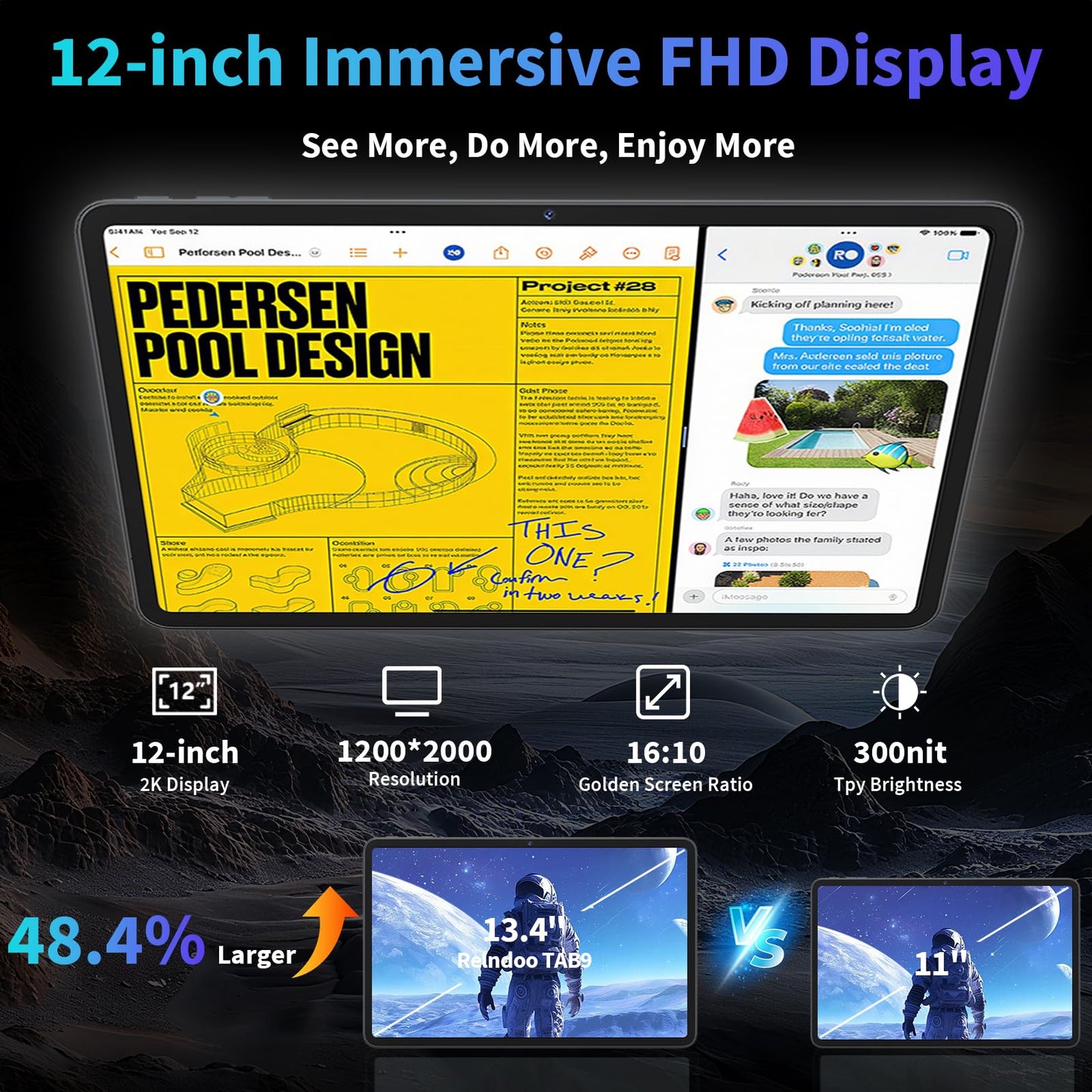 Relndoo 2025 12 Inch Tablet, 24GB（8+16） RAM+256 Storage(Expand to 2TB).