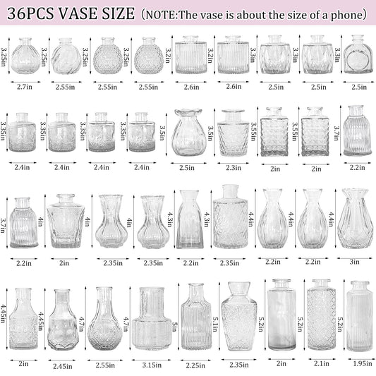 Measurement chart of various glass vases with dimensions labeled.