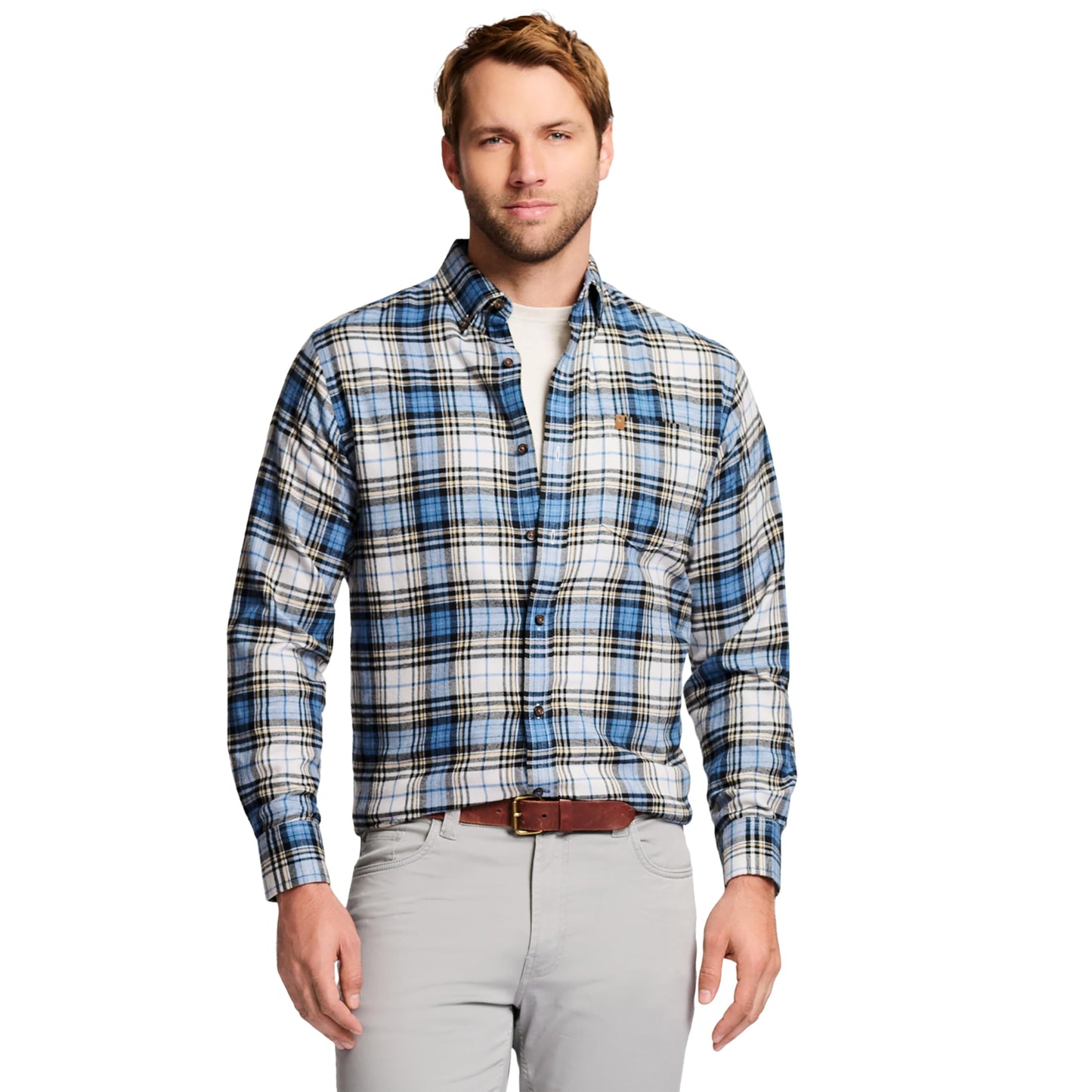 IZOD Men's Stratton Flannel Long Sleeve Button Down Shirt, Asphalt, S