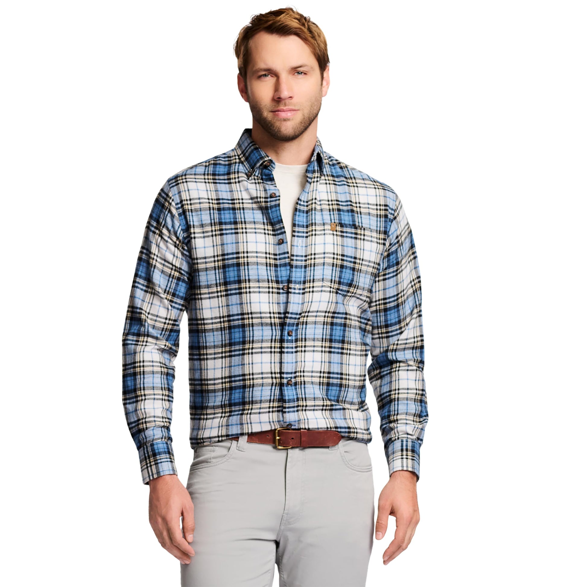 IZOD Men's Stratton Flannel Long Sleeve Button Down Shirt, Asphalt, S