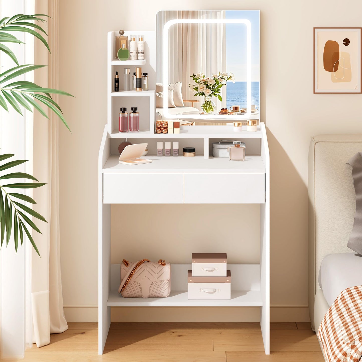White vanity table with mirror and various items in a bedroom setting