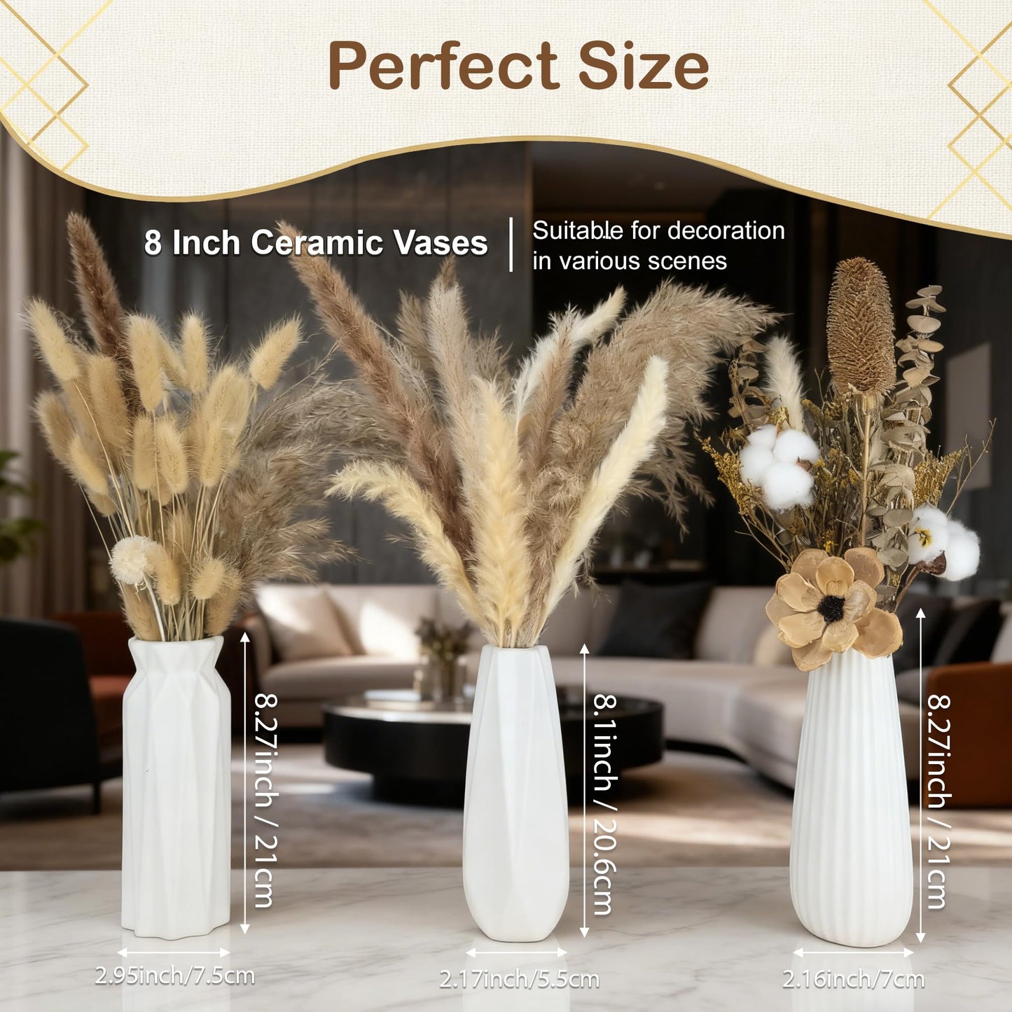 Three 8-inch ceramic vases with dried plants in a living room setting, showing measurements.