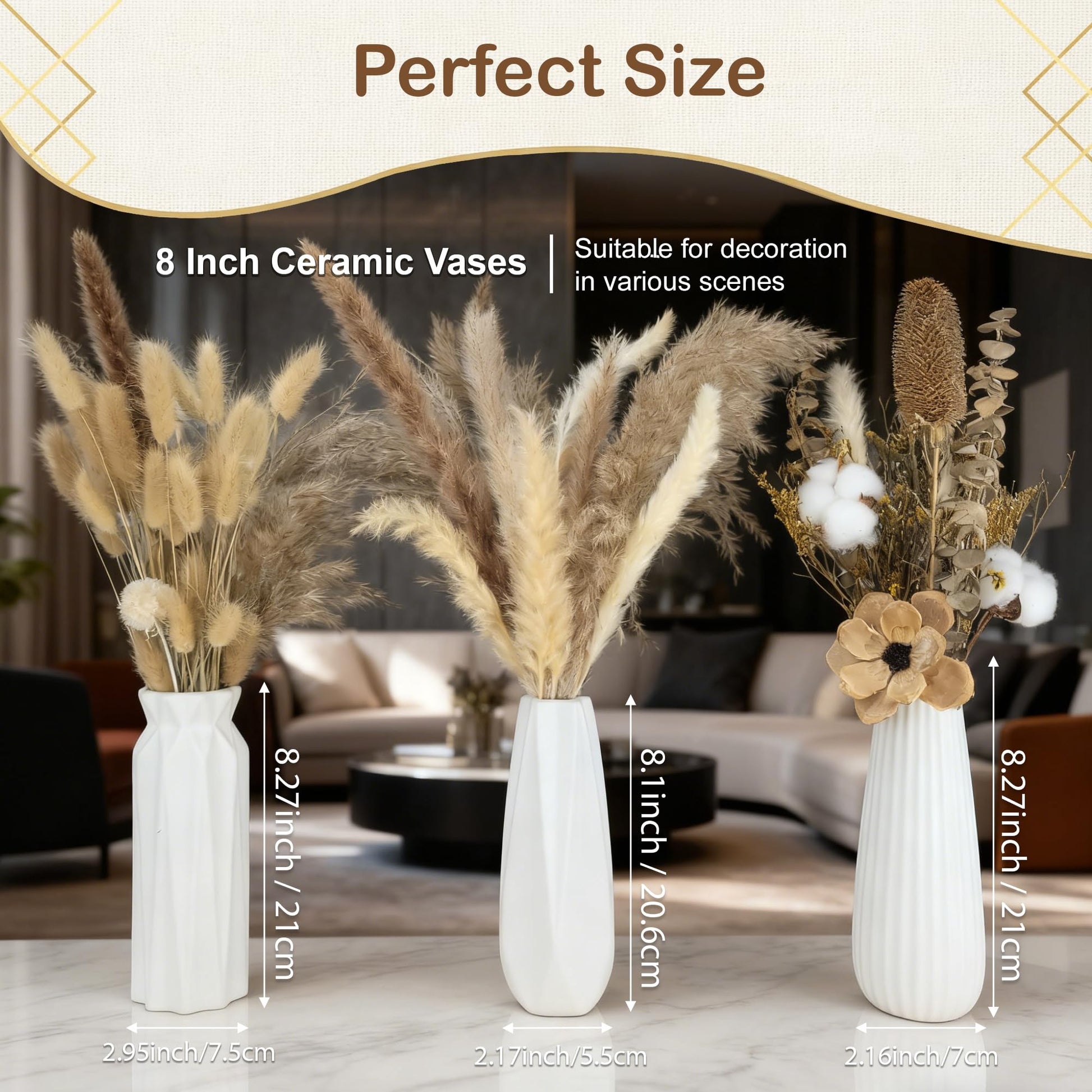 Three 8-inch ceramic vases with dried plants in a living room setting, showing measurements.