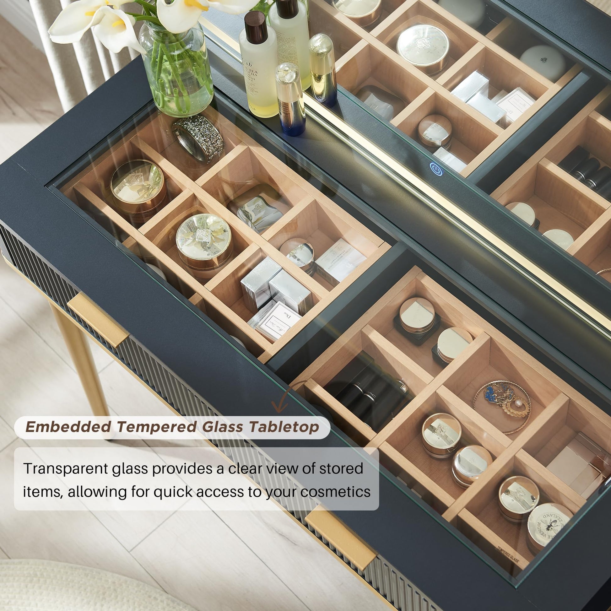 Cosmetic organizer with embedded tempered glass tabletop displaying various items.