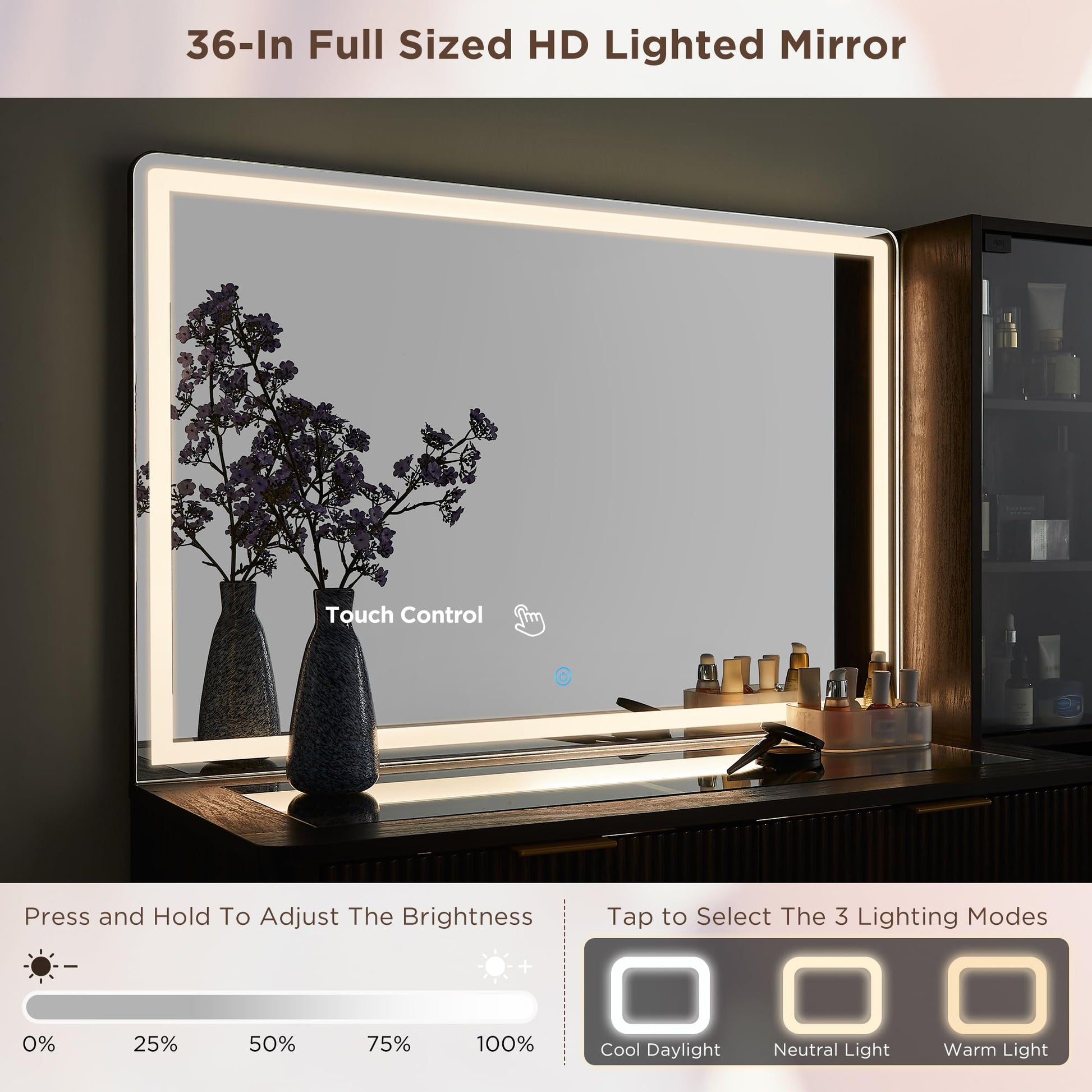 Cosmetic organizer with embedded tempered glass tabletop displaying various items.