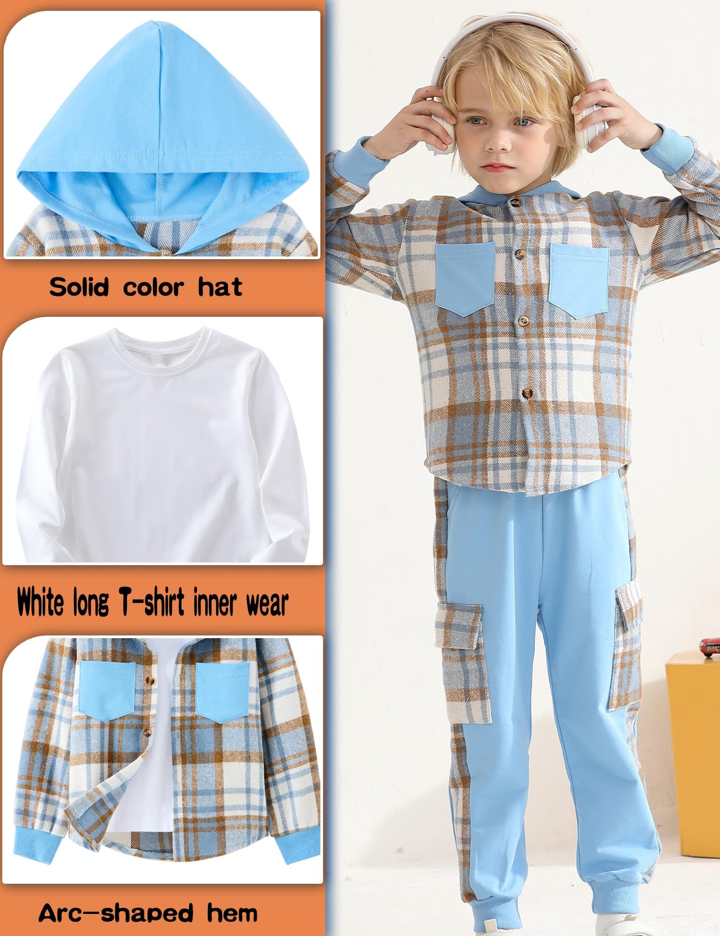 Auiopila Kids Toddler Boy Clothes Plaid Hooded Shirt White T-shirt Top and Solid Color Pants 3Pcs Winter Boys Outfits