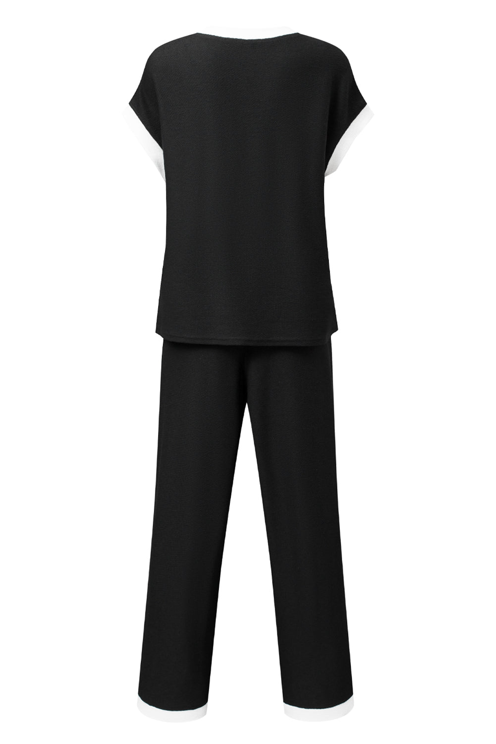 Navy Blue Contrast Trim Pocket T Shirt and Wide Leg Pants Set