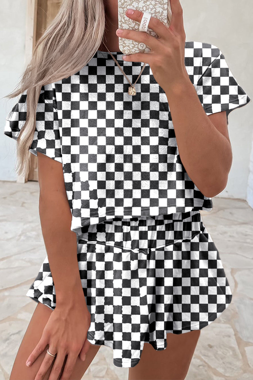 Brown Checkerboard T Shirt and High Waist Skort Set