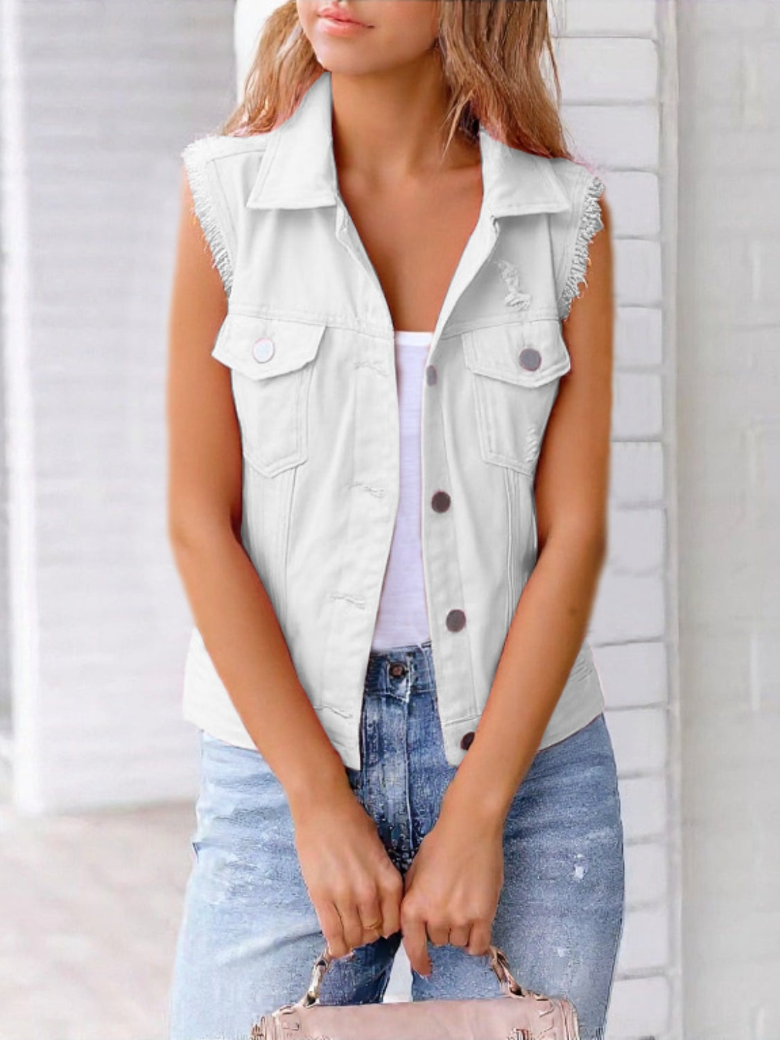 Side Button Slit Denim Jacket with Pockets