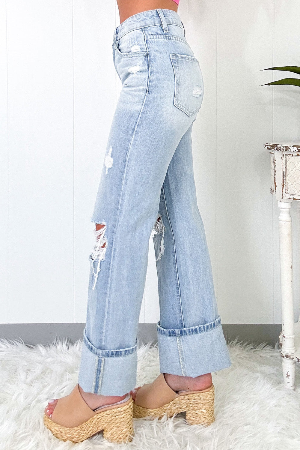  Beau Blue Light Wash Distressed Flare Jeans 