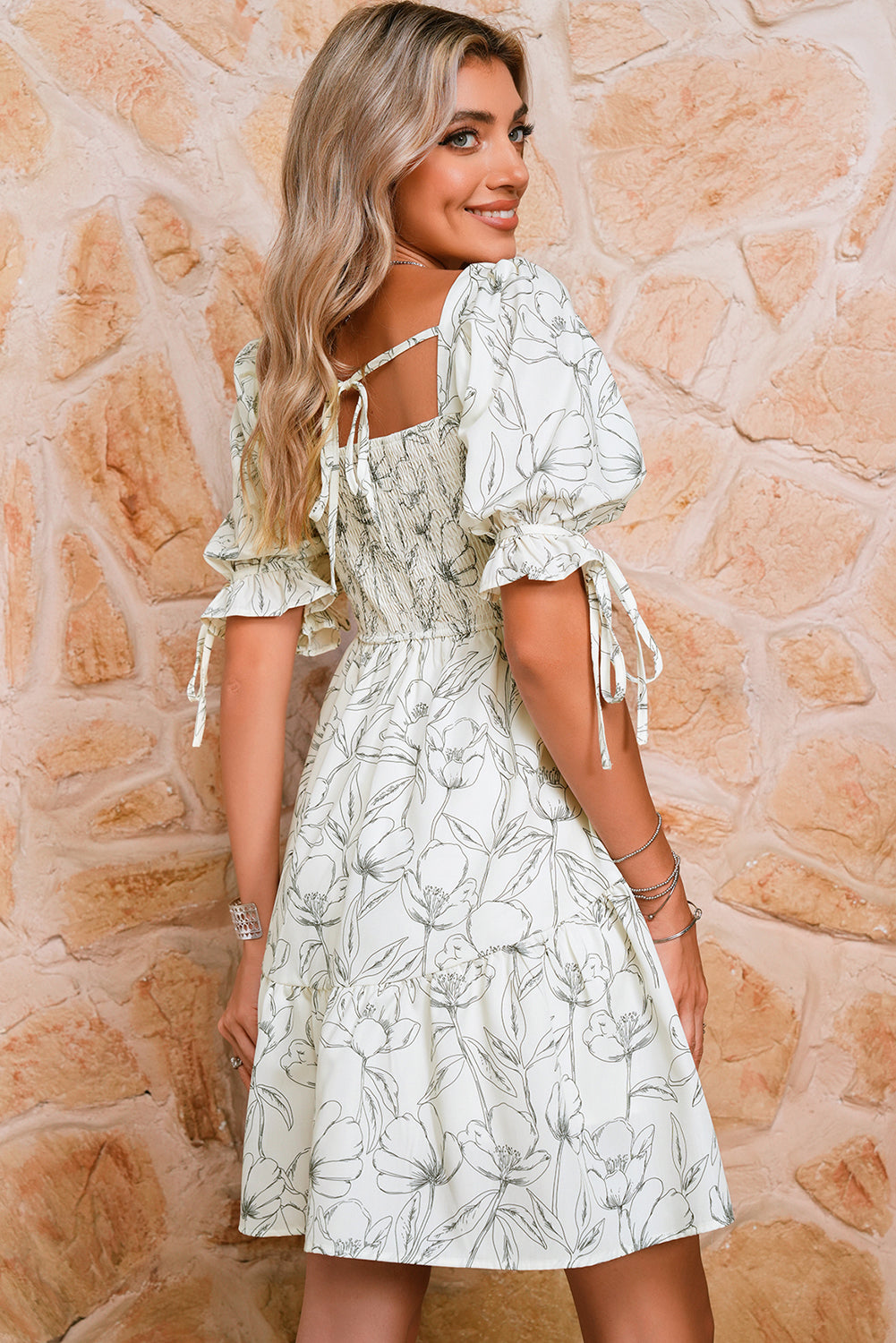 Beige Floral Print Square Neck Shirred Back Puff Sleeve Mini Dress