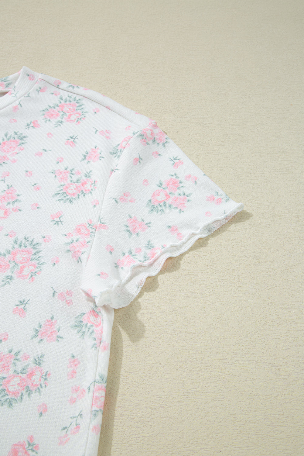 Pink Floral Print Lettuce Trim Tee and Shorts Pajama Set 