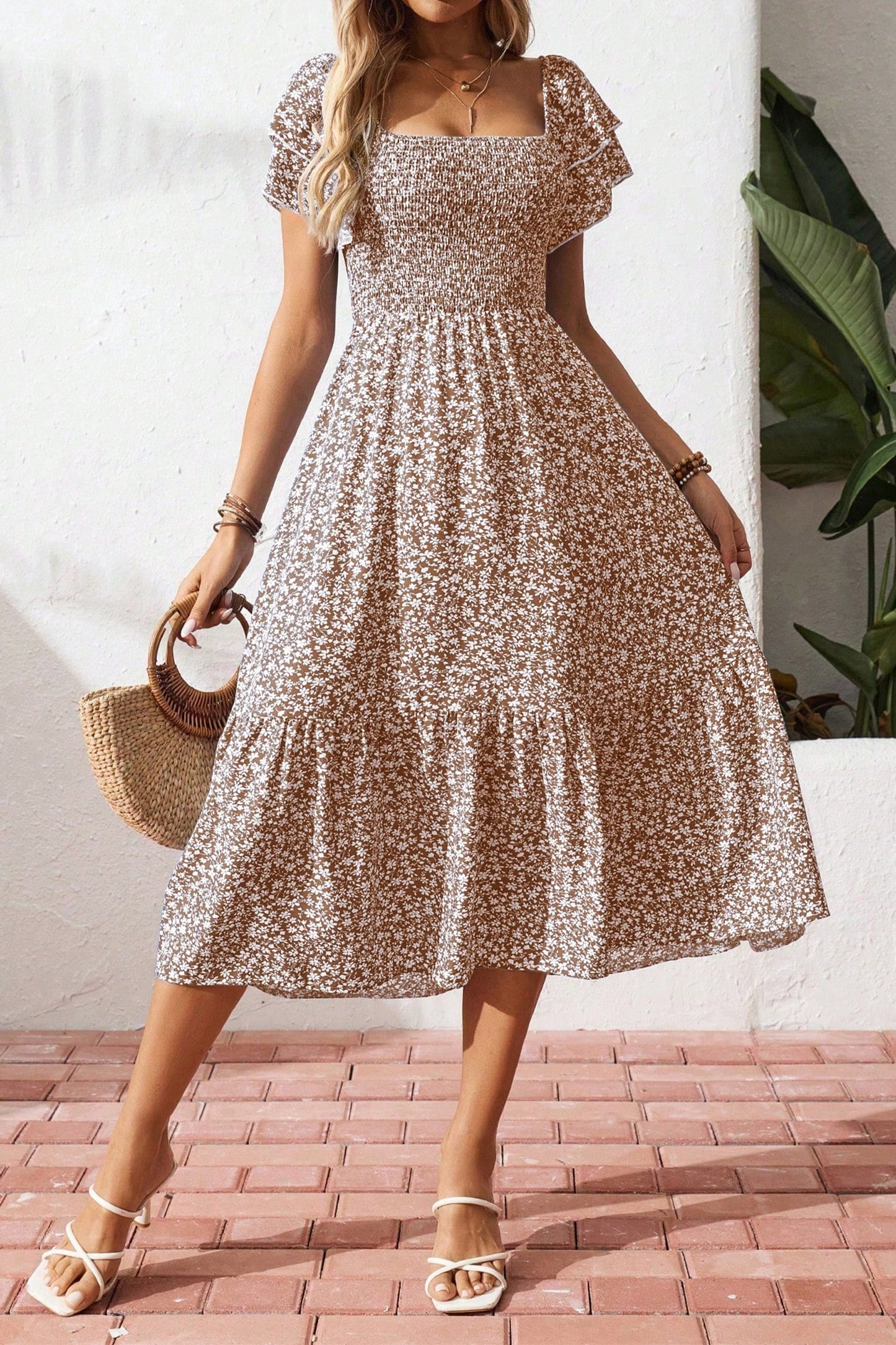 Beige Ditsy Floral Print Smocked Square Neck Ruffle Short Sleeve Dress