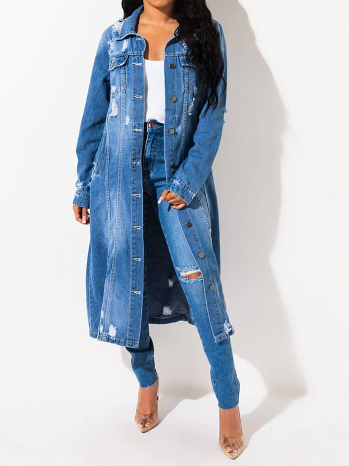 Double Take Dropped Shoulder Raw Hem Denim Jacket