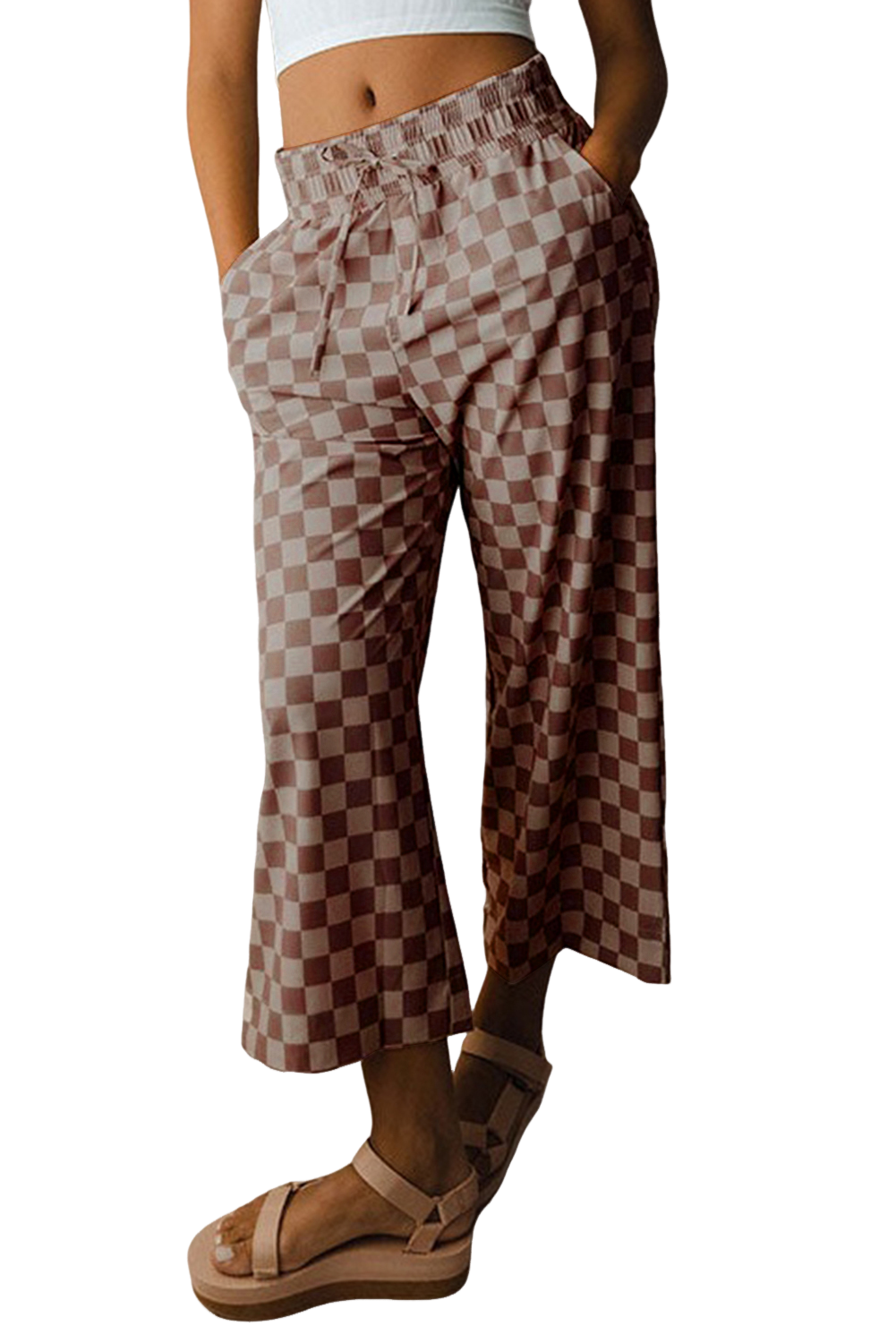 Sky Blue Tie Elastic Waist Checkered Loose Pants