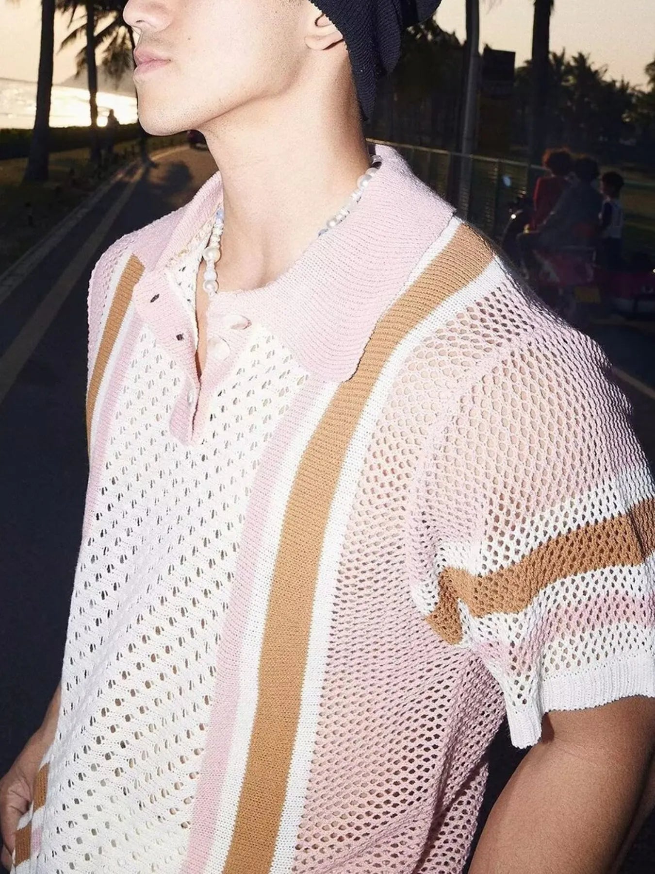 Men's Full Size Hollow Out Short Sleeve Contrast Knit Polo Plus Size