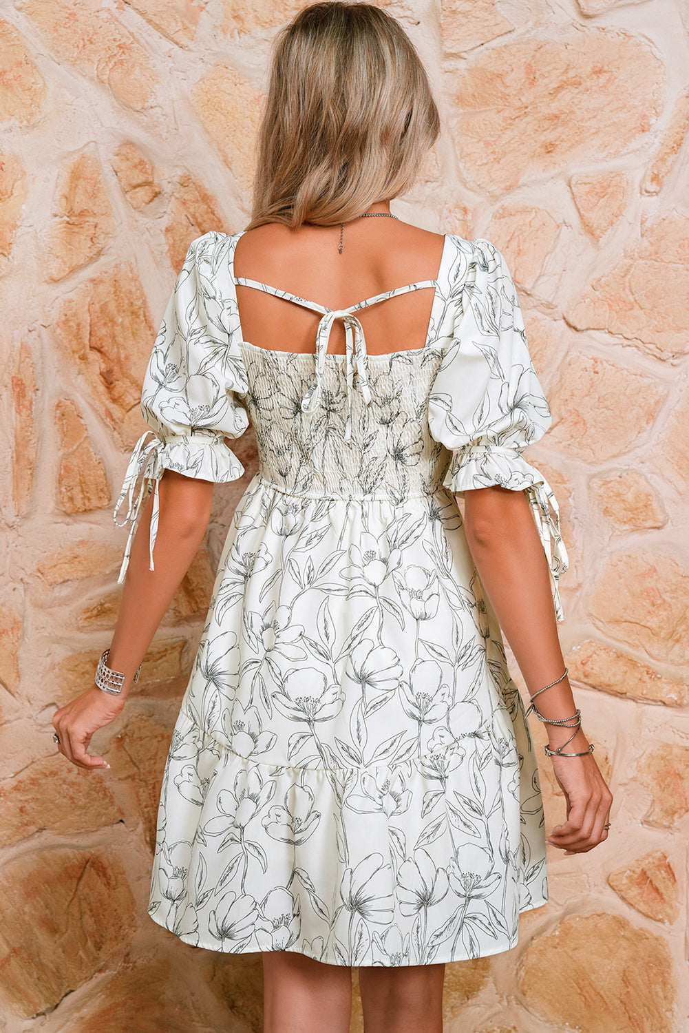 Beige Floral Print Square Neck Shirred Back Puff Sleeve Mini Dress