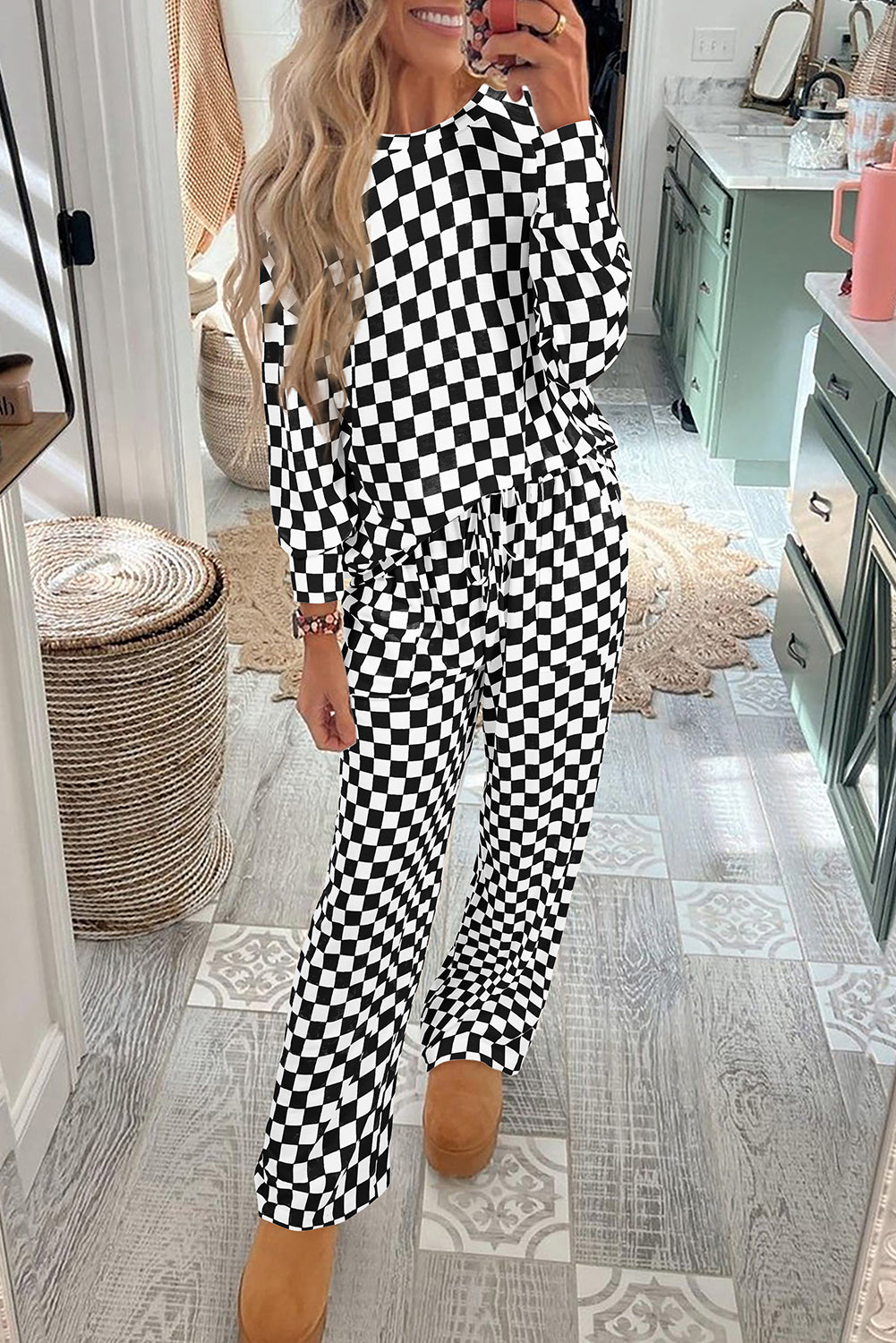 Beige Checkered Print Long Sleeve Loose Fit Pajama Set 