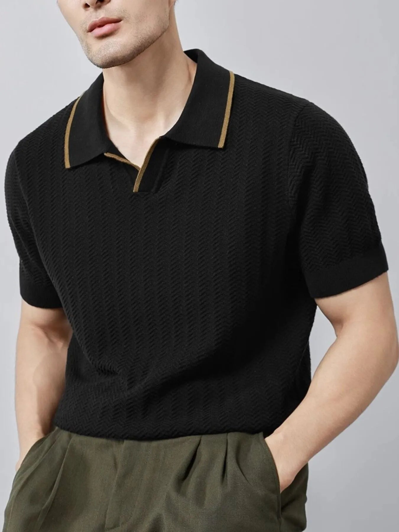 Men's Plus Size Textured Contrast Trim Short Sleeve Polo