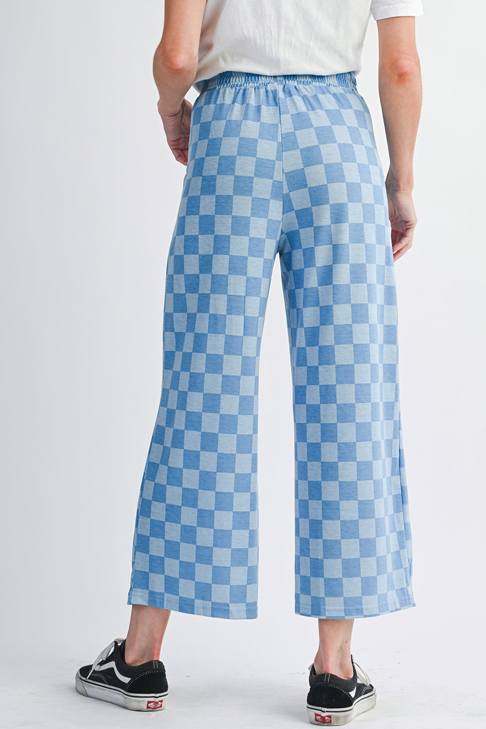 Sky Blue Tie Elastic Waist Checkered Loose Pants