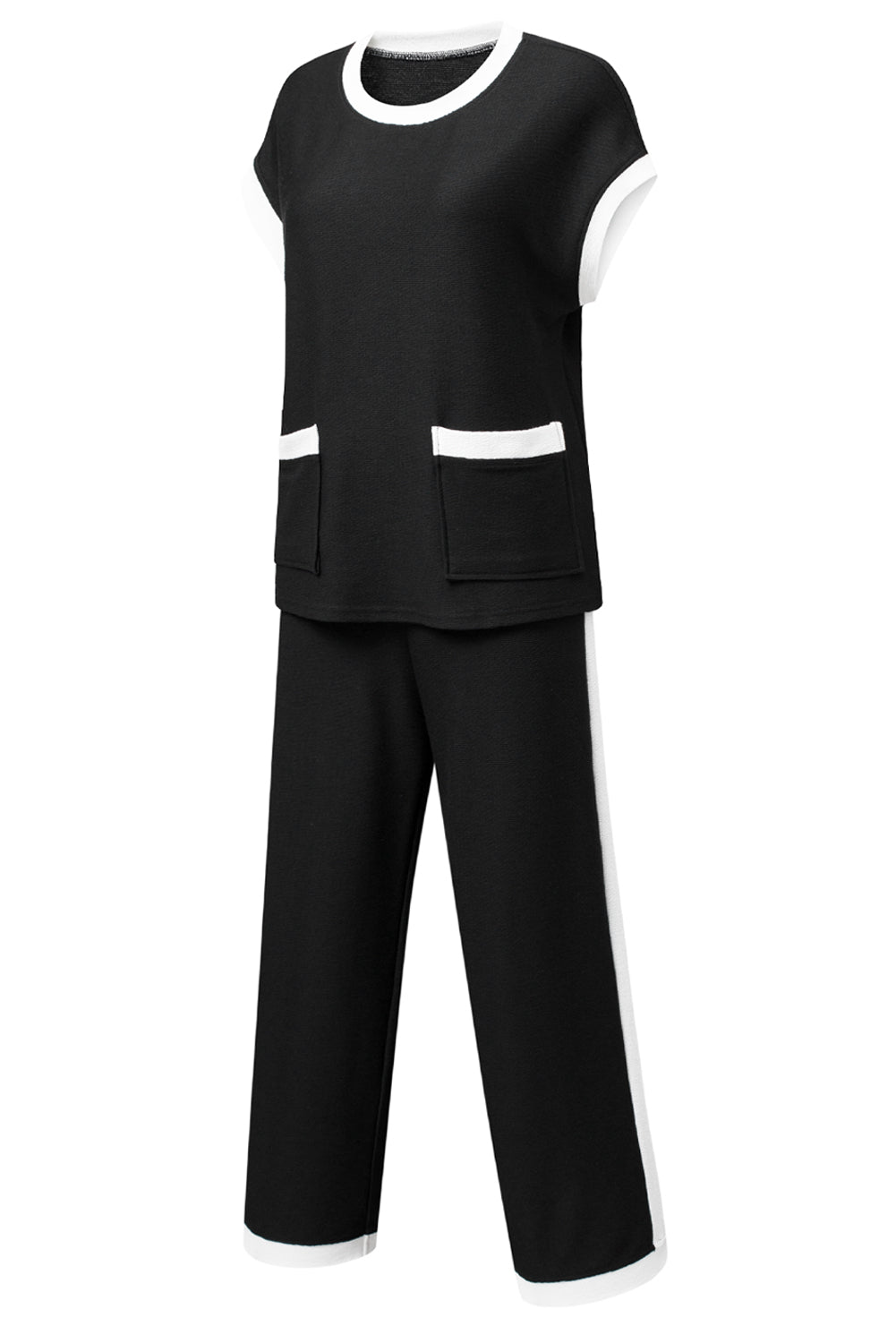 Navy Blue Contrast Trim Pocket T Shirt and Wide Leg Pants Set