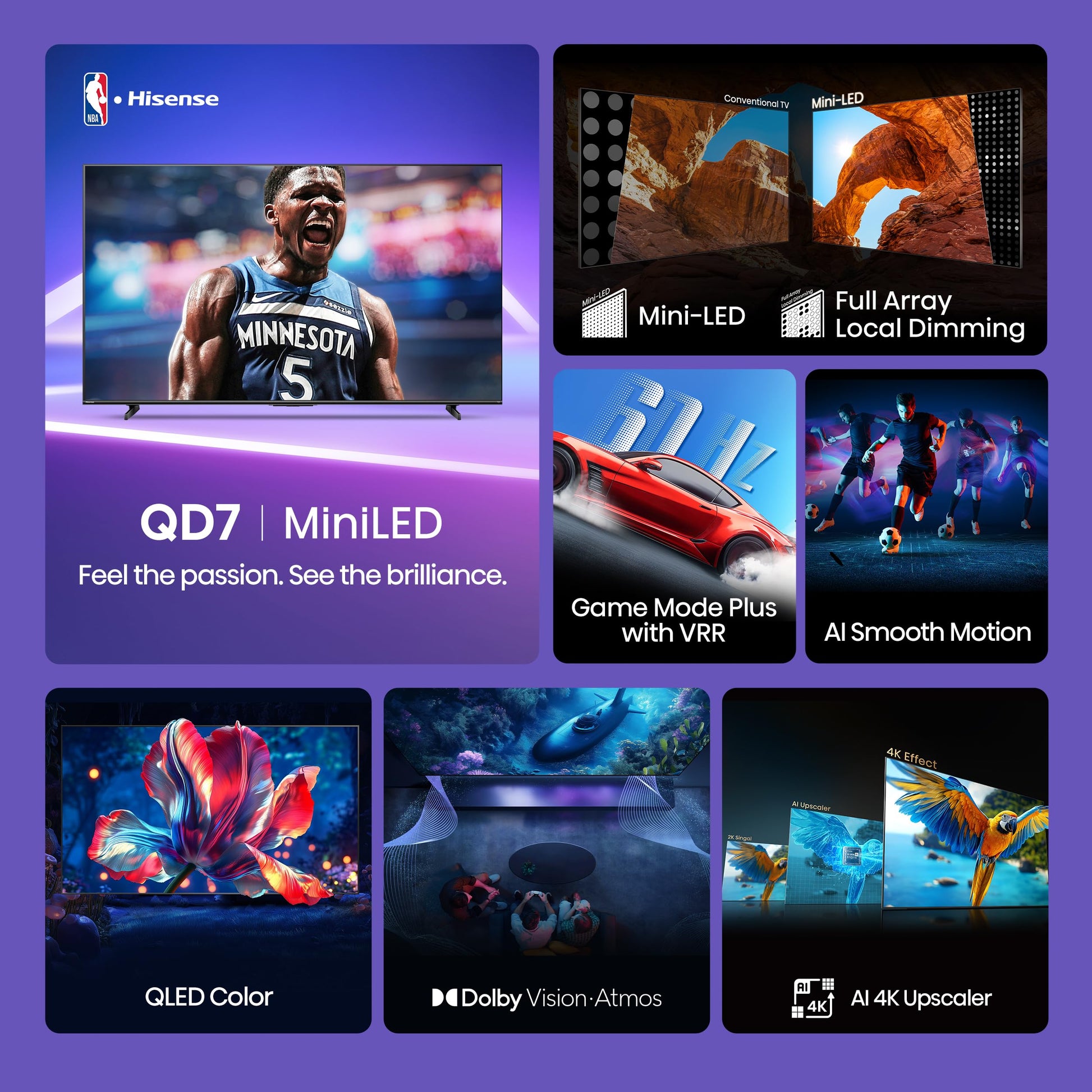 Hisense 65" Class QD7 Series Mini-LED 4K UHD Smart Fire TV (65QD7QF, 2025 Model) - QLED, HDR10+, Dolby Vision, Dolby Atmos, Game Mode Plus, ALLM, Alexa Built in with Voice Remote, Streaming TV, Black