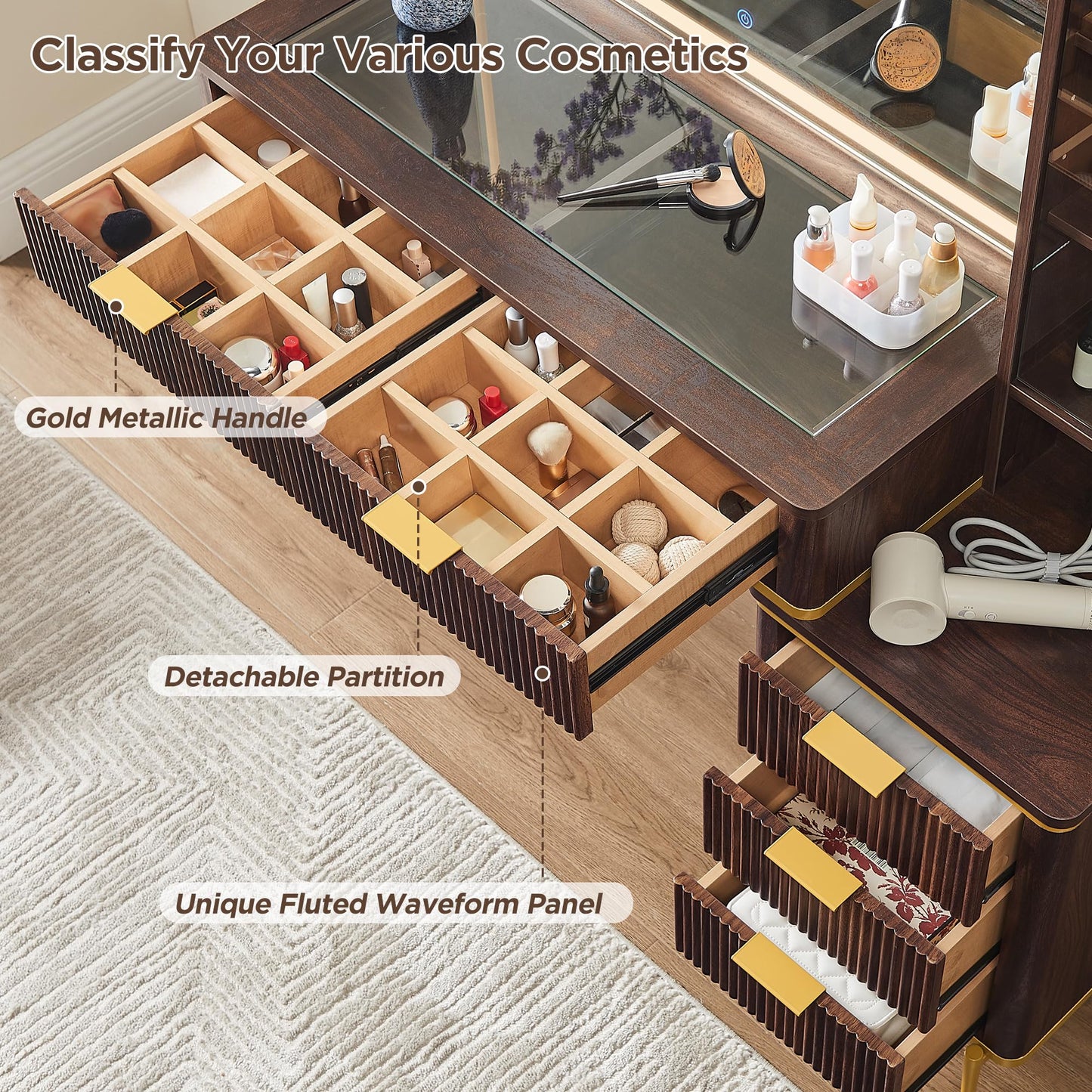 Cosmetic organizer with embedded tempered glass tabletop displaying various items.