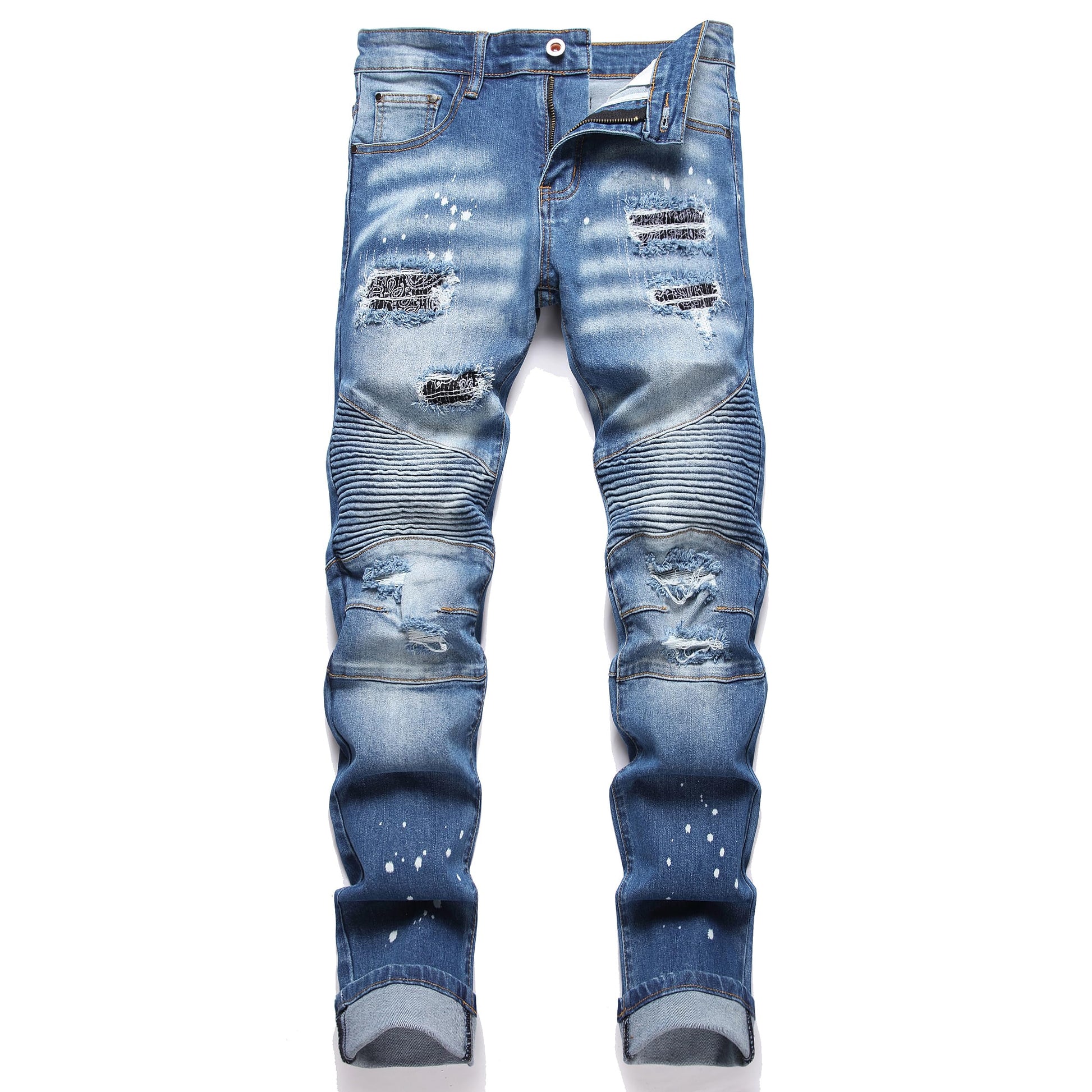 AITITIA Men's Biker Zipper Deco Washed Straight Fit Jeans (40, 002 Light Blue)