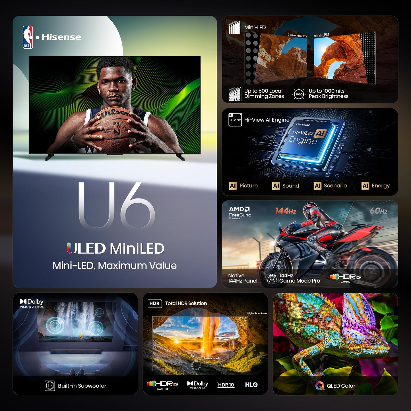 Hisense 65" Class U6 Series Mini-LED 4K UHD Smart Fire TV (65U65QF, 2025 Model) - QLED, Native 144Hz, HDR10+, Dolby Vision IQ, Dolby Atmos, Game Mode Pro, ALLM, Alexa Built in, Black