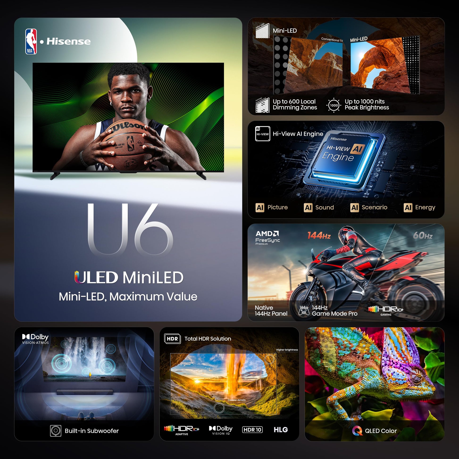 Hisense 65" Class U6 Series Mini-LED 4K UHD Smart Fire TV (65U65QF, 2025 Model) - QLED, Native 144Hz, HDR10+, Dolby Vision IQ, Dolby Atmos, Game Mode Pro, ALLM, Alexa Built in, Black