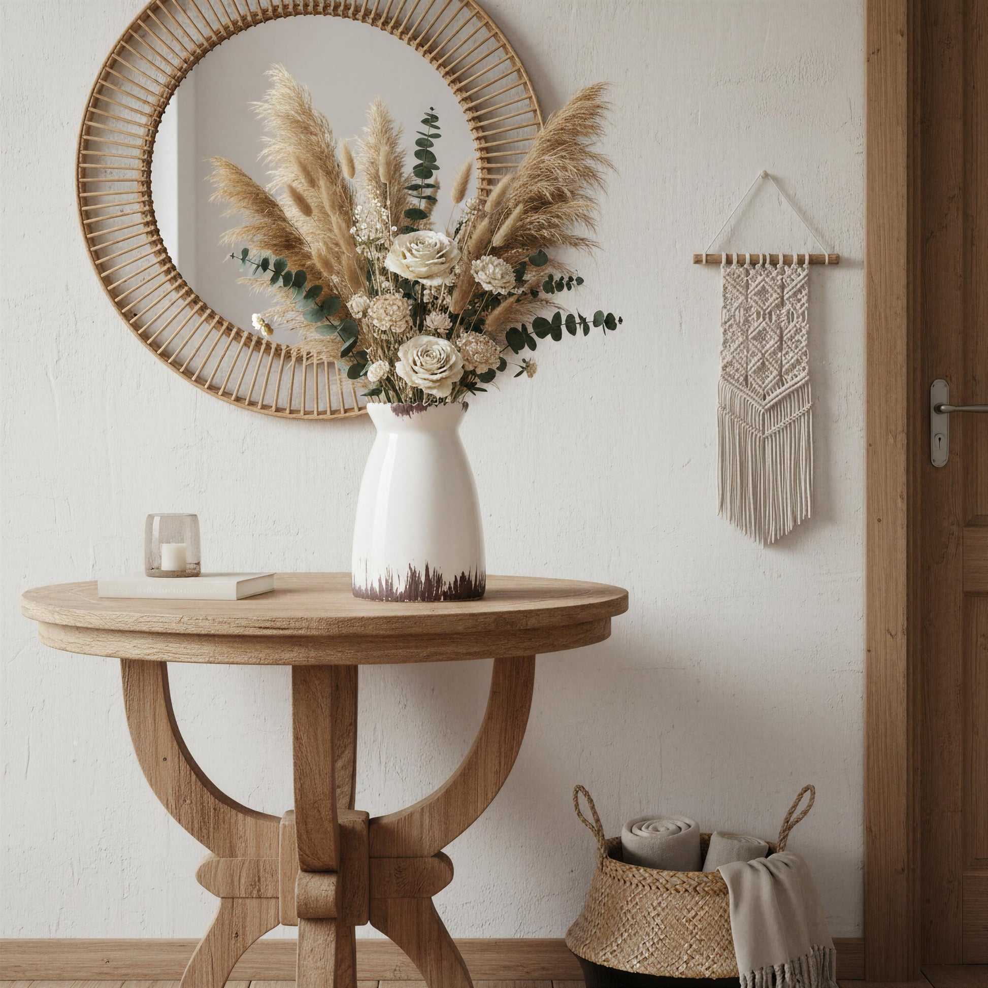 Round wooden table with a vase of flowers, mirror, and wall hanging in a room.