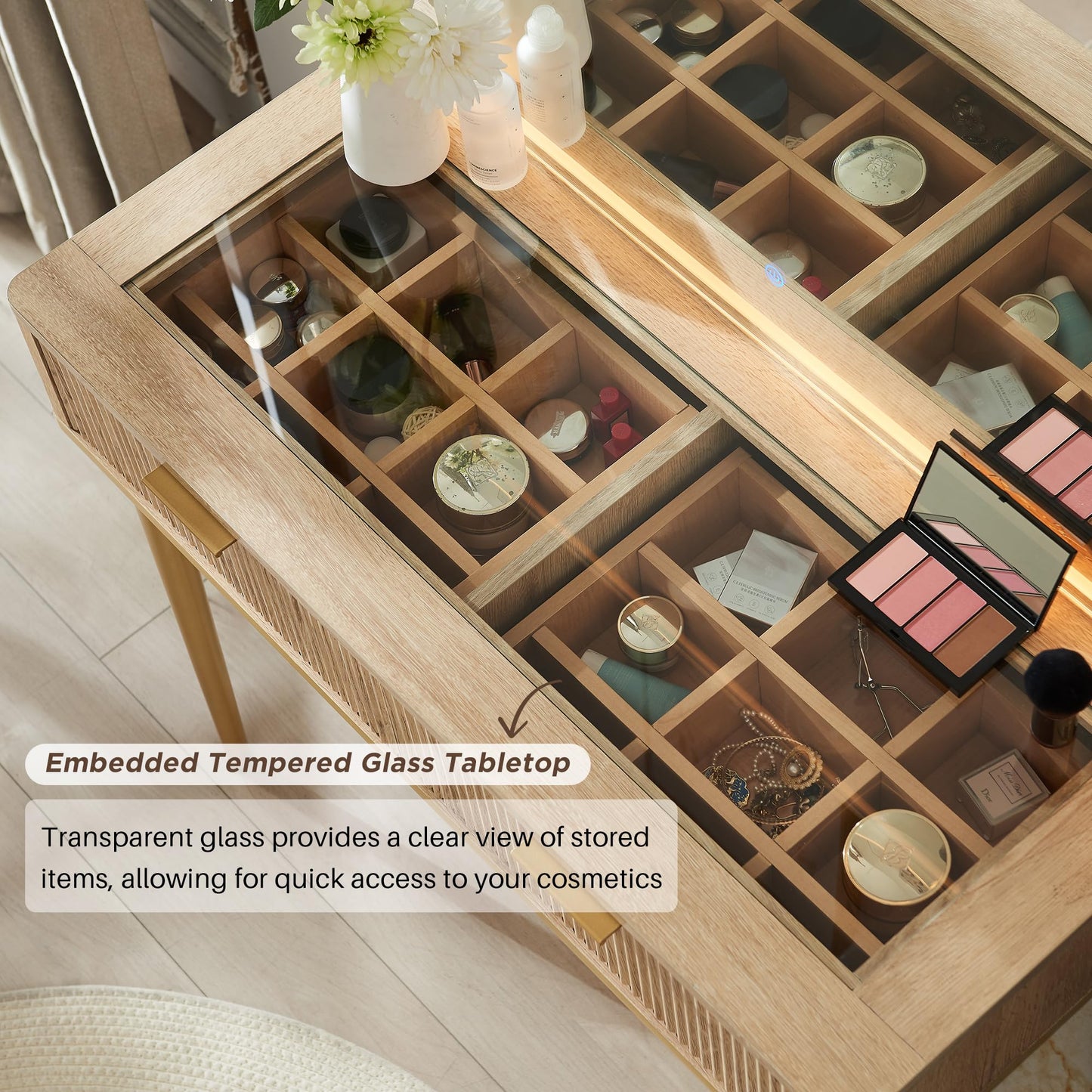 Cosmetic organizer with embedded tempered glass tabletop displaying various items.