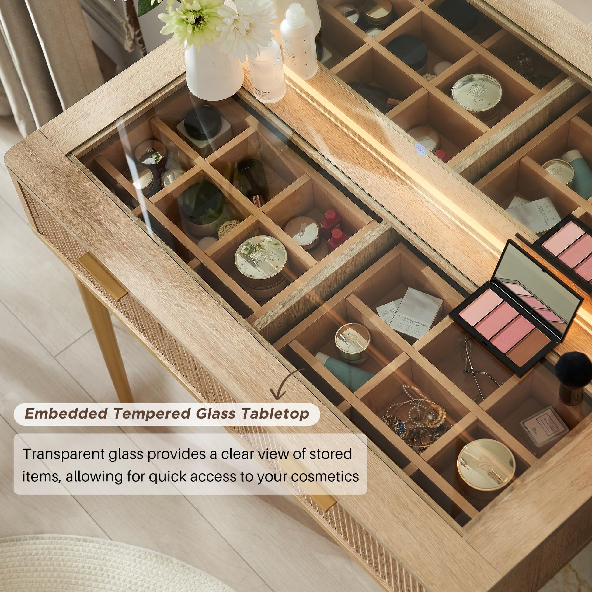 Cosmetic organizer with embedded tempered glass tabletop displaying various items.