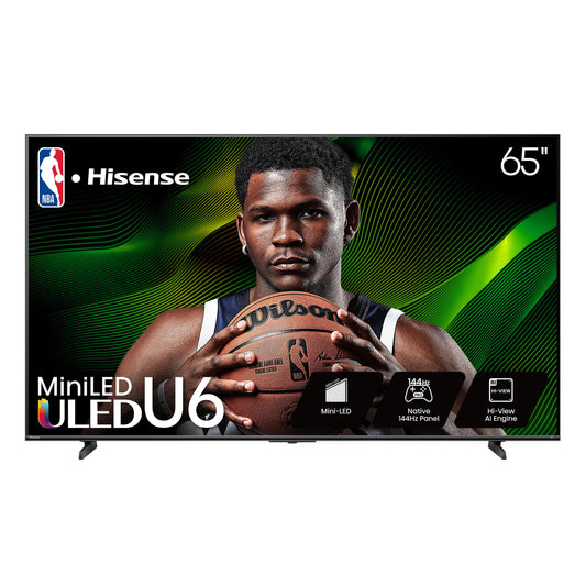 Hisense 65" Class U6 Series Mini-LED 4K UHD Smart Fire TV (65U65QF, 2025 Model) - QLED, Native 144Hz, HDR10+, Dolby Vision IQ, Dolby Atmos, Game Mode Pro, ALLM, Alexa Built in, Black